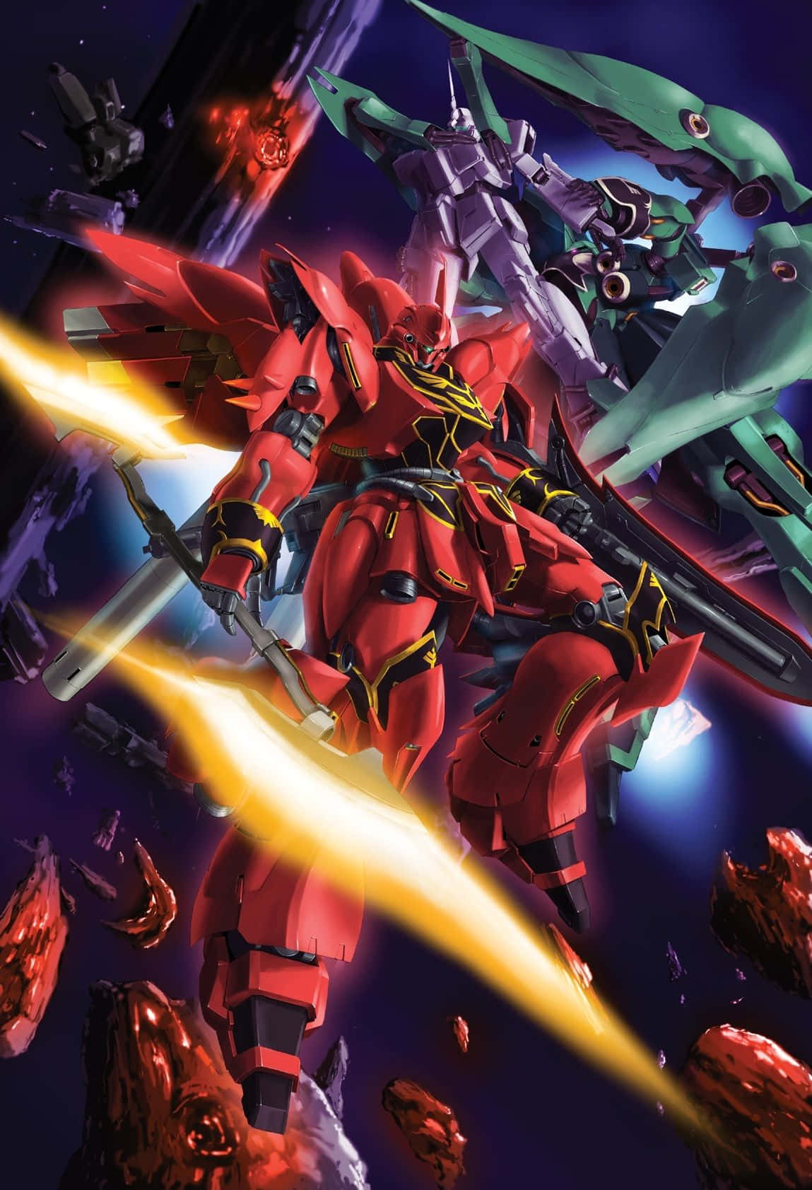 Gundam Unicorn 桌布 壁紙 — 一部紅色機甲在宇宙戰場中與漂浮的小行星間的綠色機甲戰鬥。
