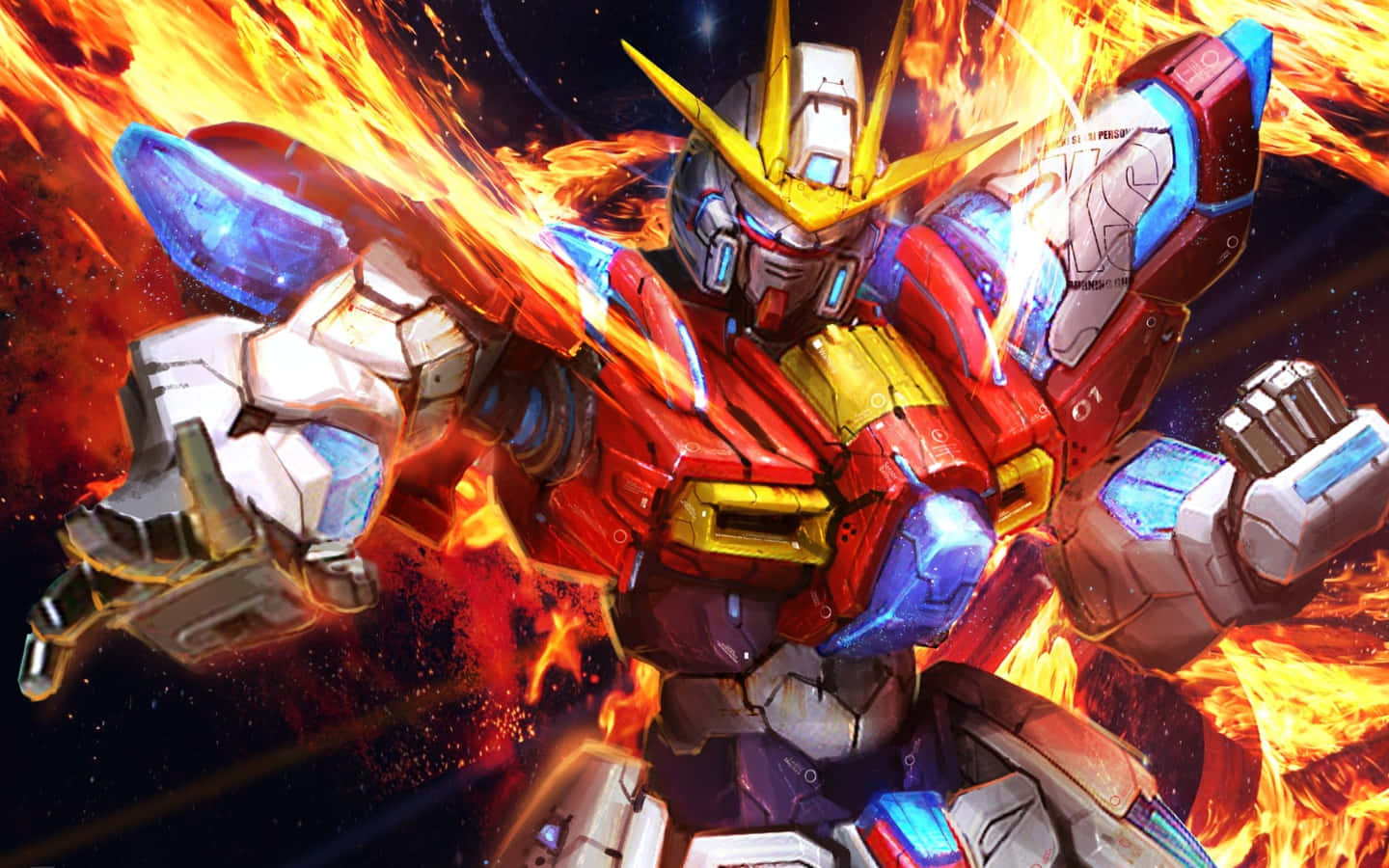 Gundam Desktop 桌布 壁紙 — 一部紅藍色的鋼彈機甲在星際宇宙背景下於熾熱爆炸中戰鬥。