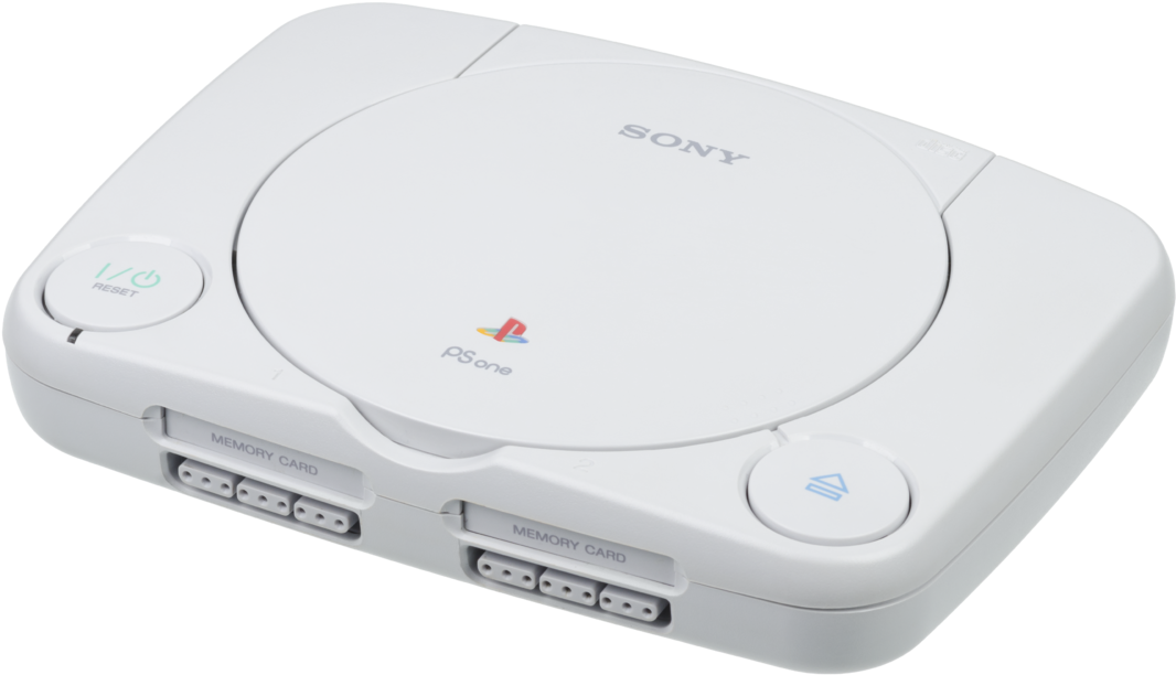 PlayStation 桌布 壁紙 — 一部純白色的 Sony PlayStation One 主機在黑色背景下的攝影棚燈光中展示。