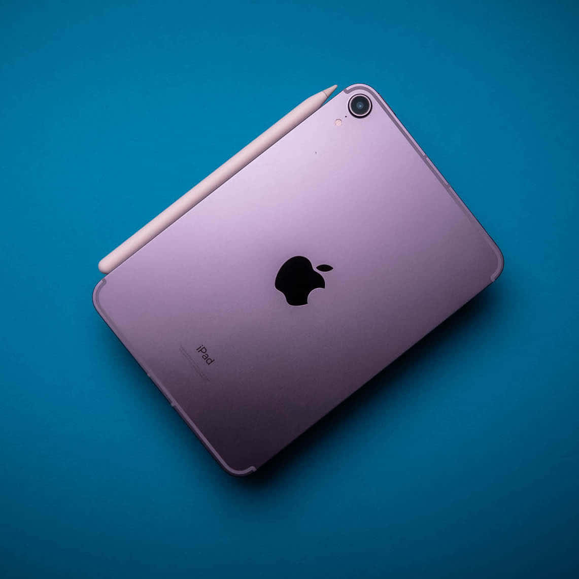 iPad 桌布 壁紙 — 一部紫色iPad帶有Apple標誌和白色觸控筆，對角放置在純藍色背景上。