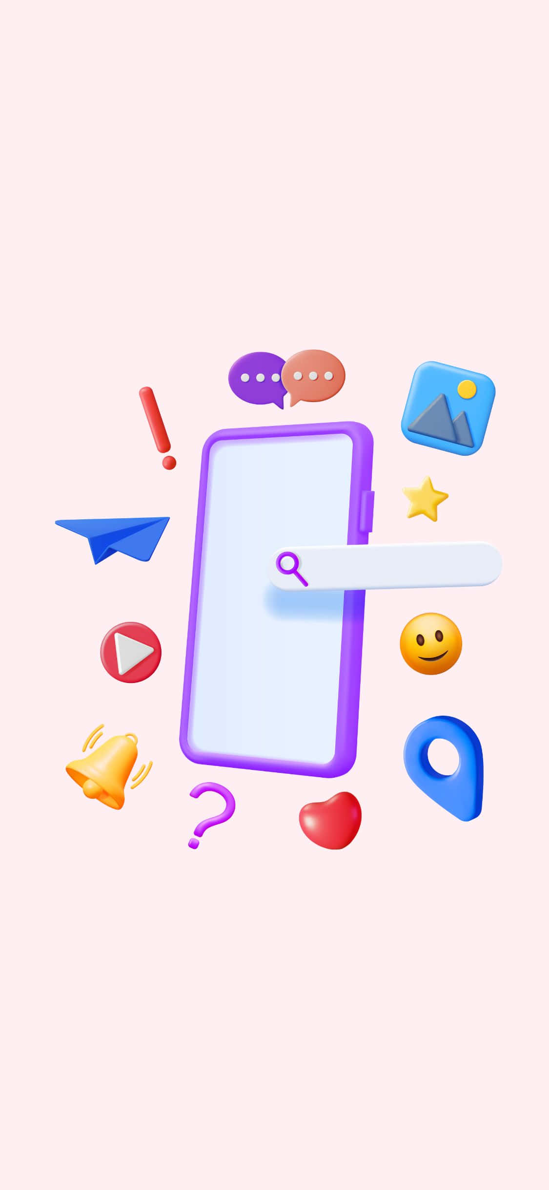 iPhone X Social 桌布 壁紙 — 一部紫色智慧型手機，放大鏡懸浮在螢幕上方，周圍是色彩繽紛的3D應用程式圖示，背景是柔和的粉紅色。