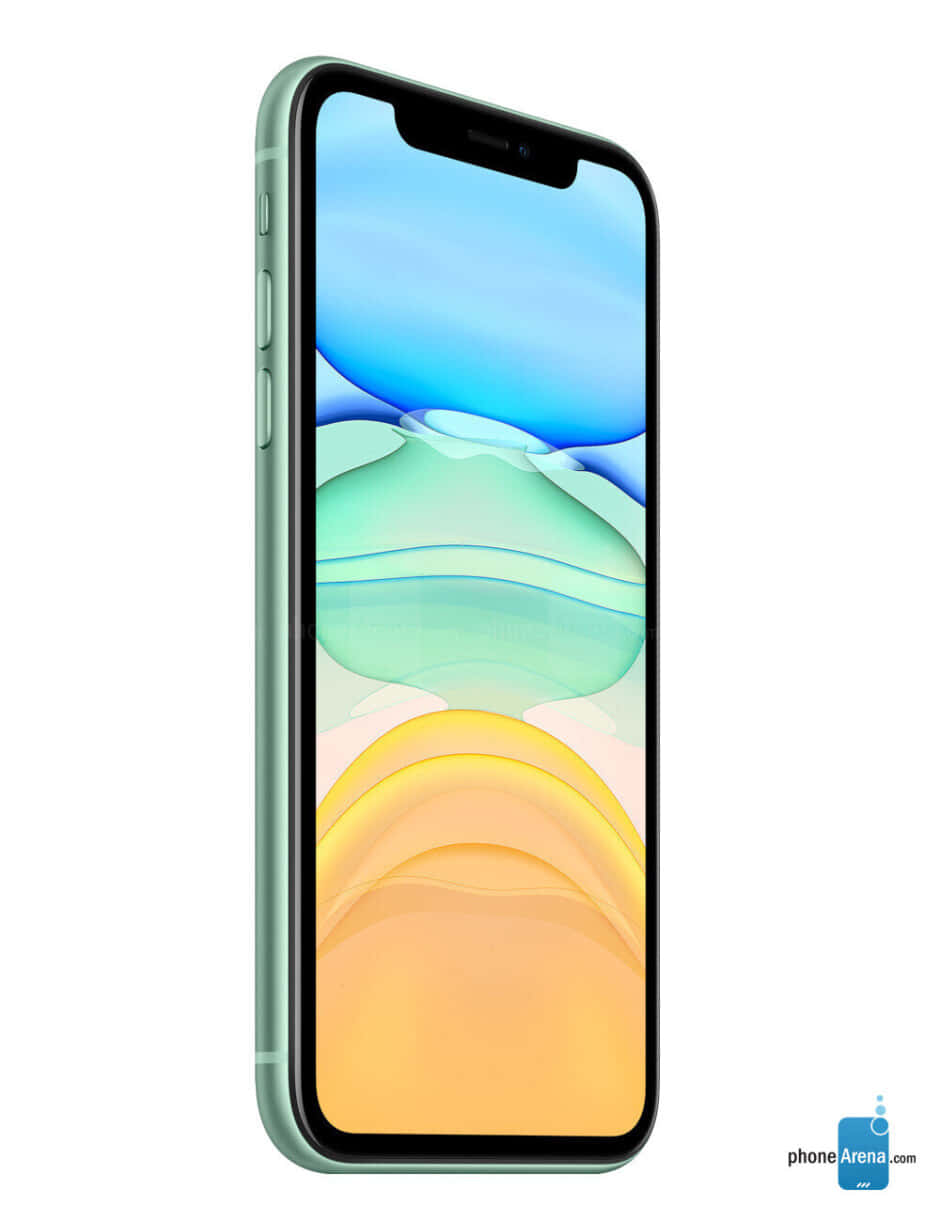 iPhone 桌布 壁紙 — 一部綠色iPhone在白色背景上顯示充滿活力的抽象桌布，帶有流動的藍色、綠色和黃色波浪。