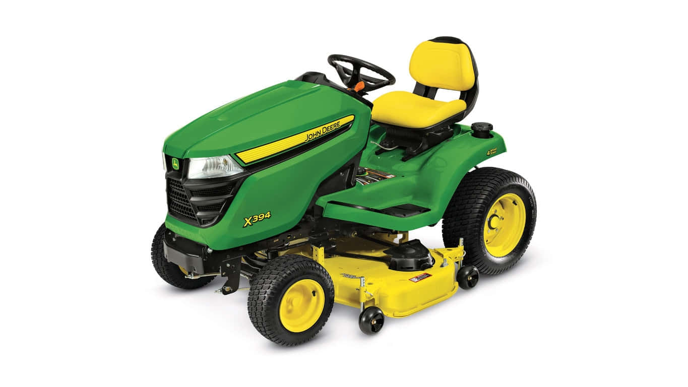 約翰迪爾 桌布 壁紙 — 一部綠色和黃色的John Deere X394零轉彎割草機，配有黑色輪胎和黃色輪圈，背景為白色。