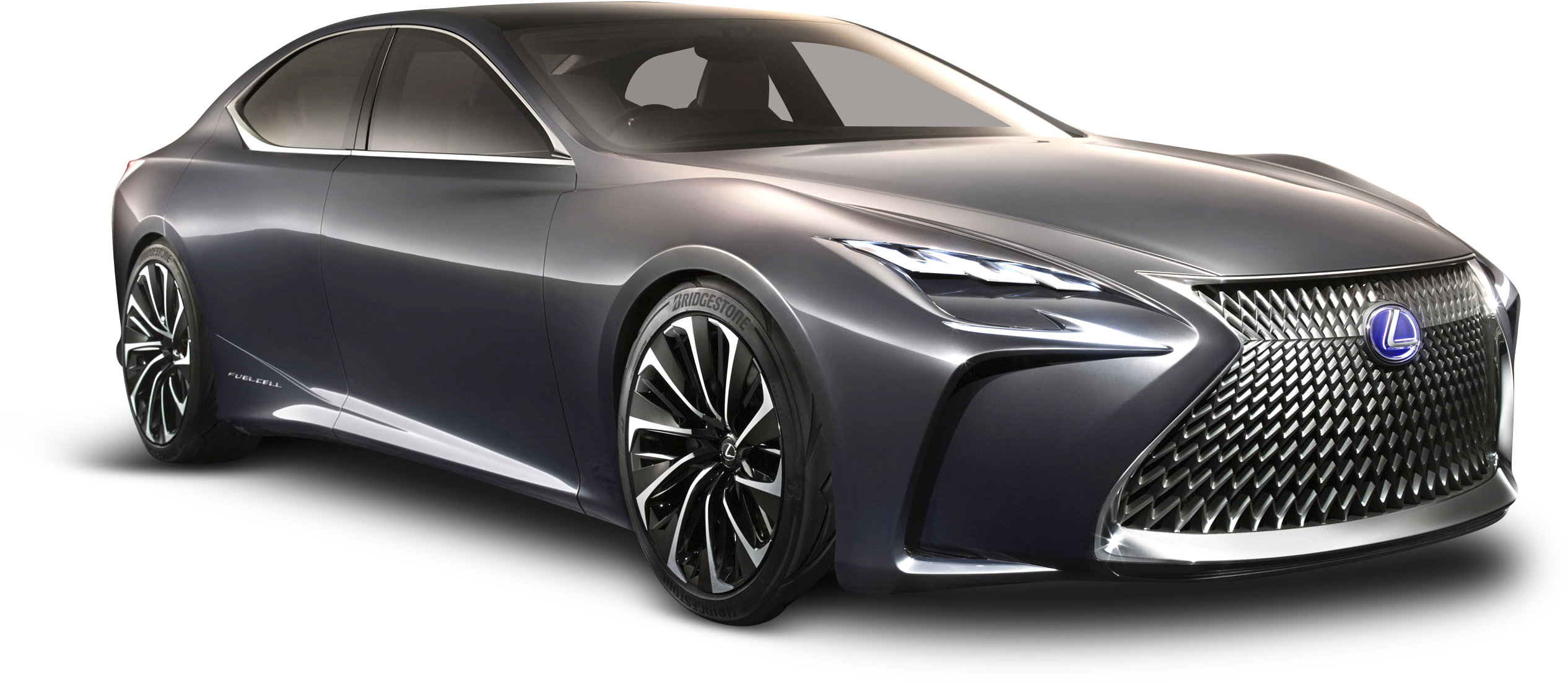 凌志 桌布 壁紙 — 一部線條銳利、車頭燈發光的時尚未來感銀色 Lexus 房車，孤立地矗立在黑色背景前。