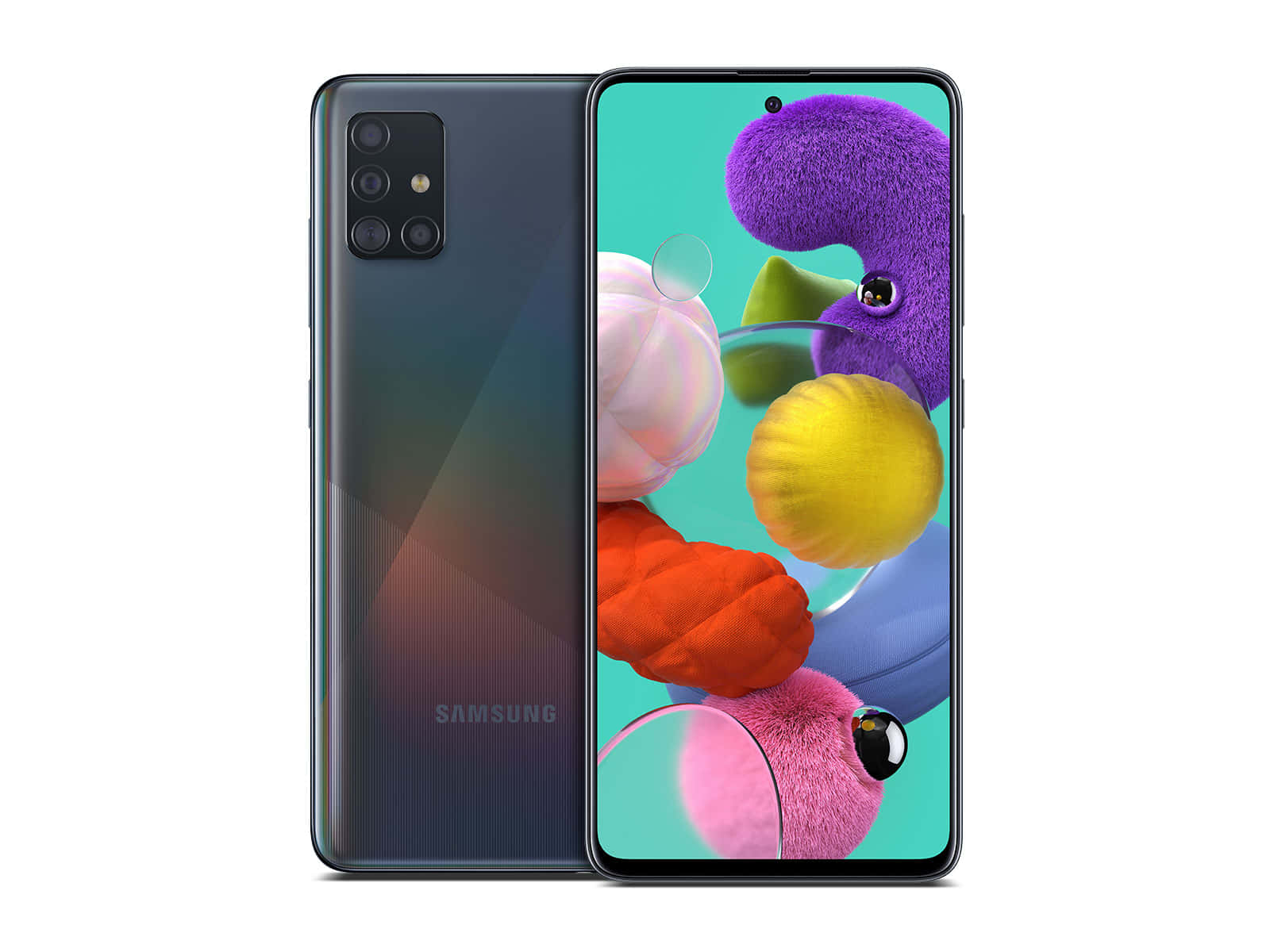 三星 桌布 壁紙 — 一部纖薄的Samsung智慧型手機，前後展示，帶有充滿活力的抽象桌布，在青綠色背景上呈現彩色模糊形狀。