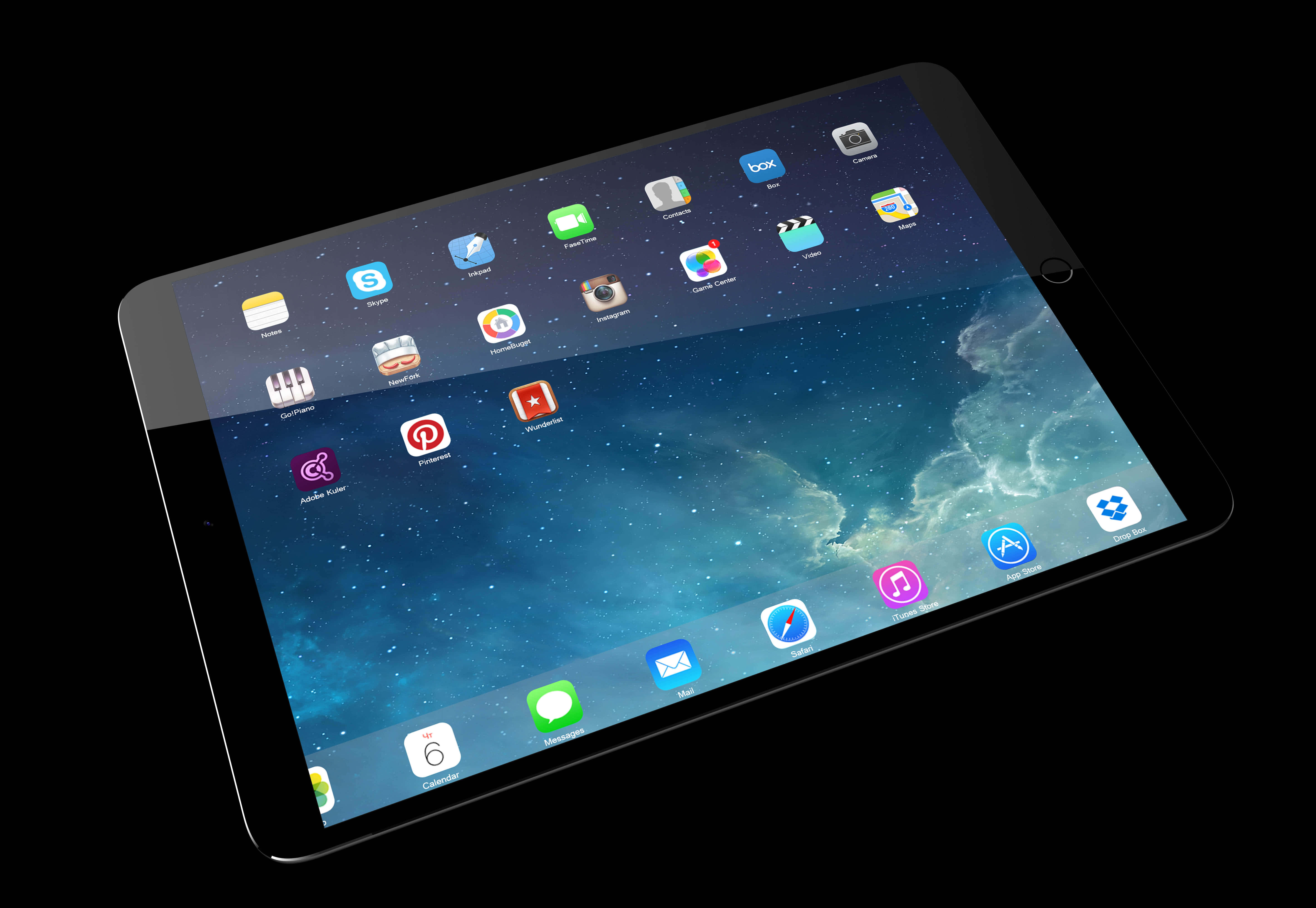 iPad 桌布 壁紙 — 一部纖薄的平板電腦傾斜在黑色背景上，顯示帶有應用程式圖標的星空宇宙壁紙。