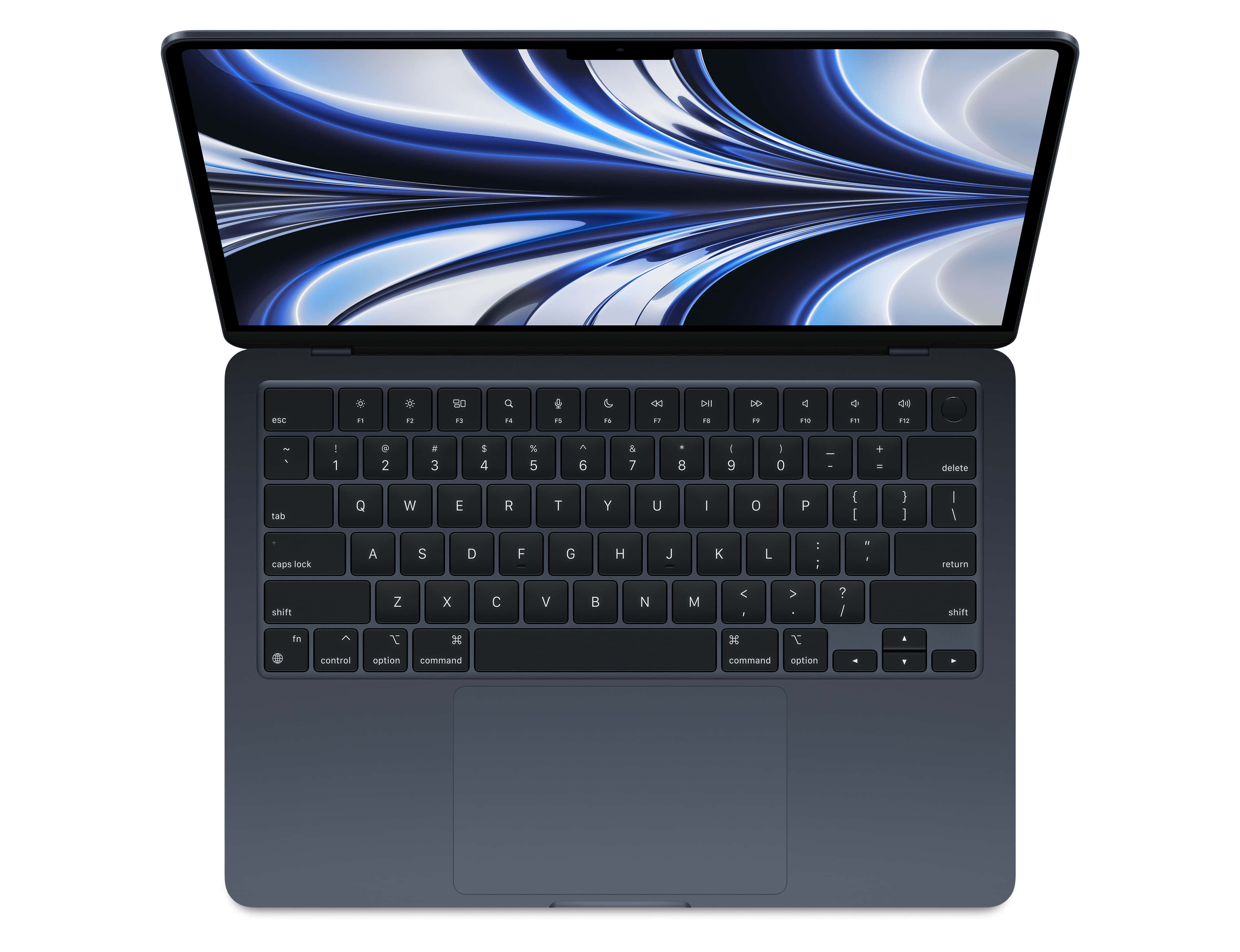 Black Macbook 桌布 壁紙 — 一部纖薄的深灰色筆記型電腦打開，螢幕上顯示出動態的藍白抽象漩渦桌布。