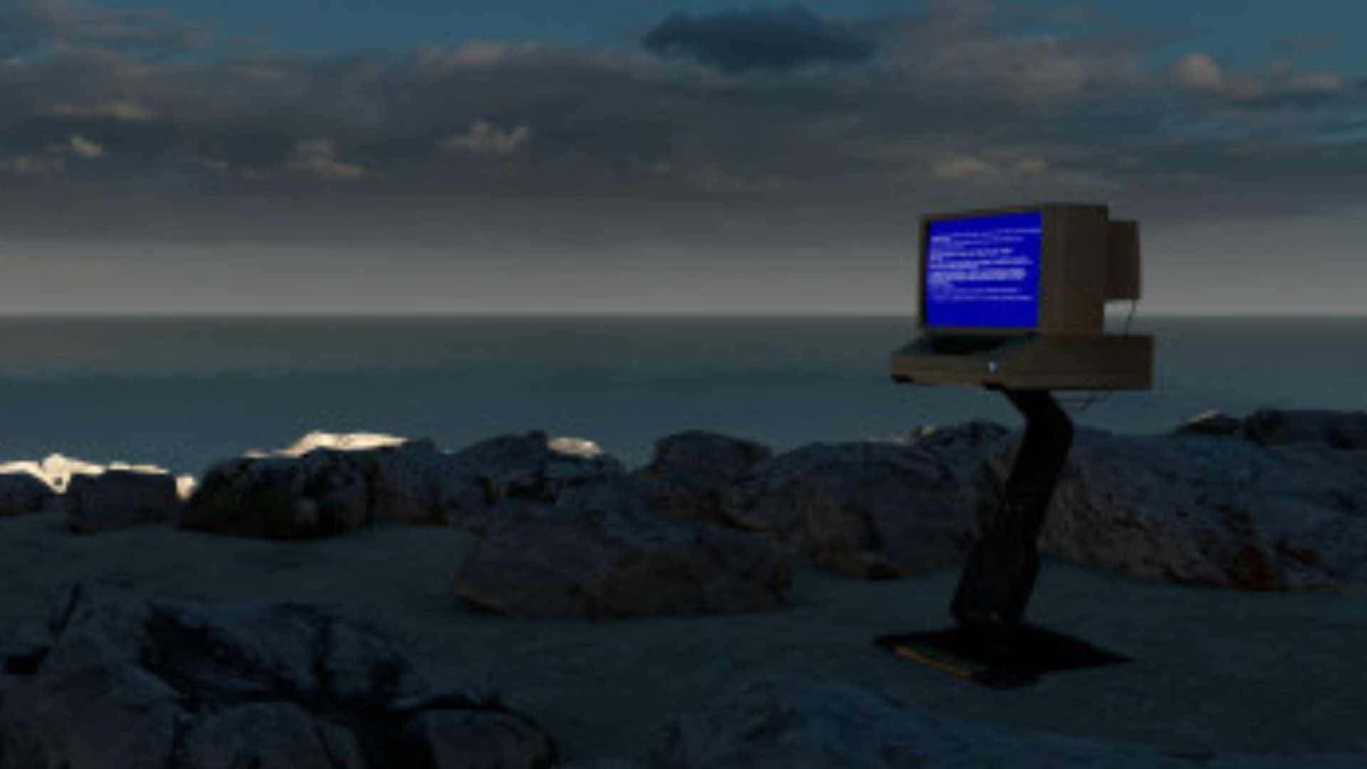 television 桌布 壁紙 — 一部舊電腦帶有藍色螢幕，獨自矗立在黃昏時分的岩石海岸上，俯瞰海洋。