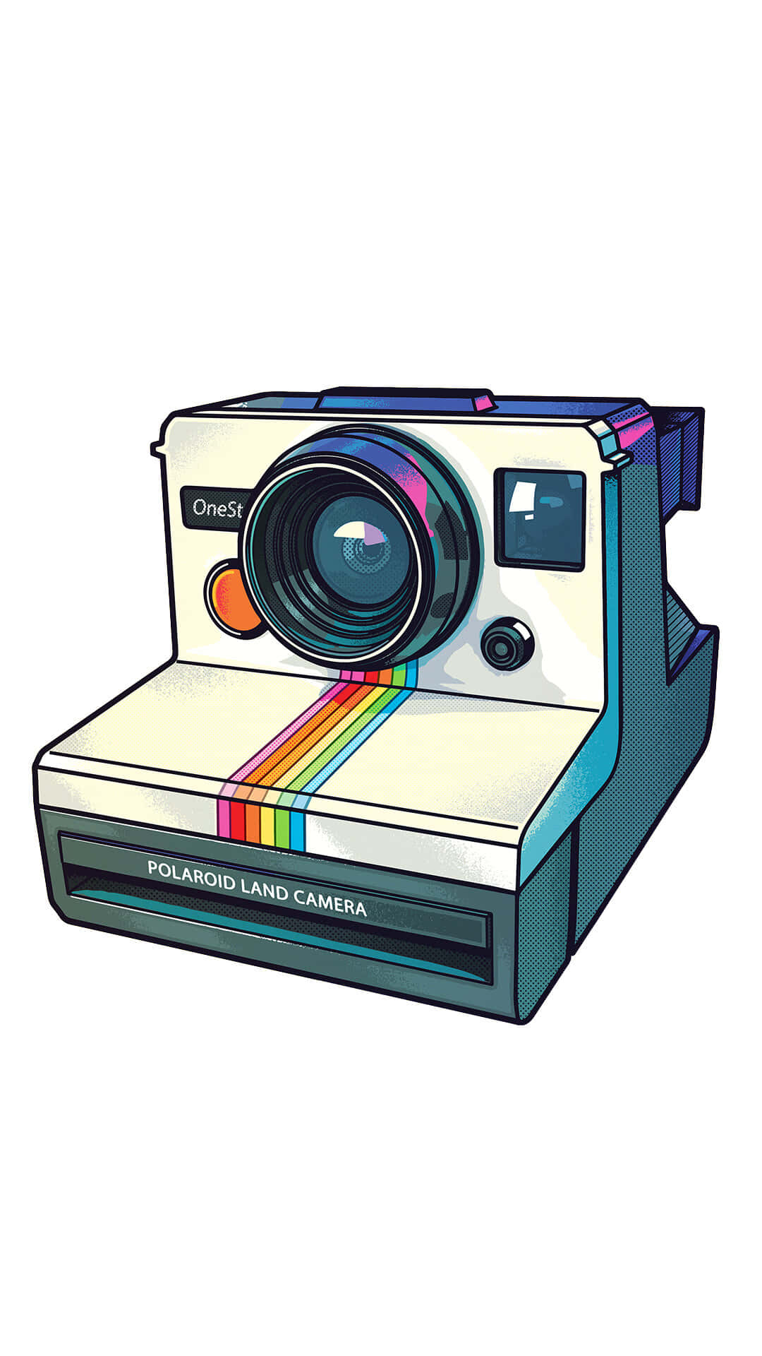 icons 桌布 壁紙 — 一部色彩繽紛的插圖式Polaroid Land相機，帶有彩虹條紋和OneStep品牌標誌，背景為白色。