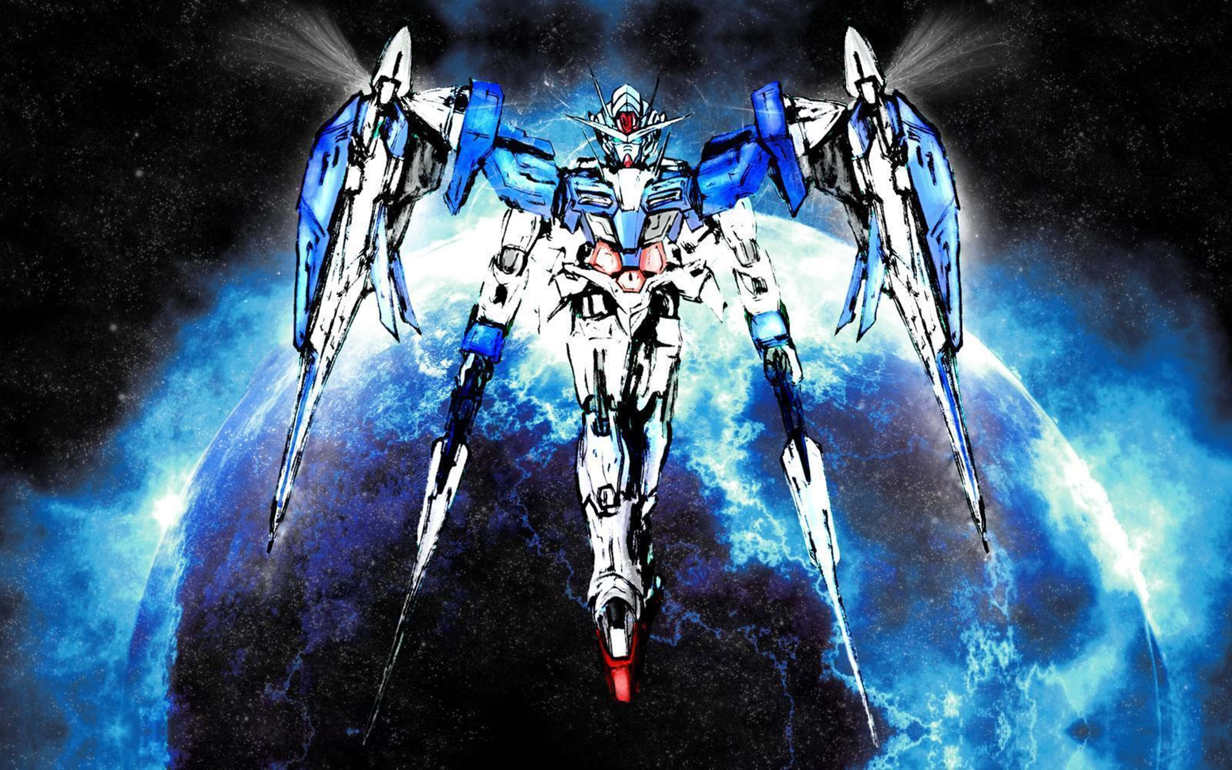 桌布 壁紙 — 一部藍白相間的機動戰士在星光璀璨的宇宙虛空中，英勇地矗立在一個發光的藍色星球前。