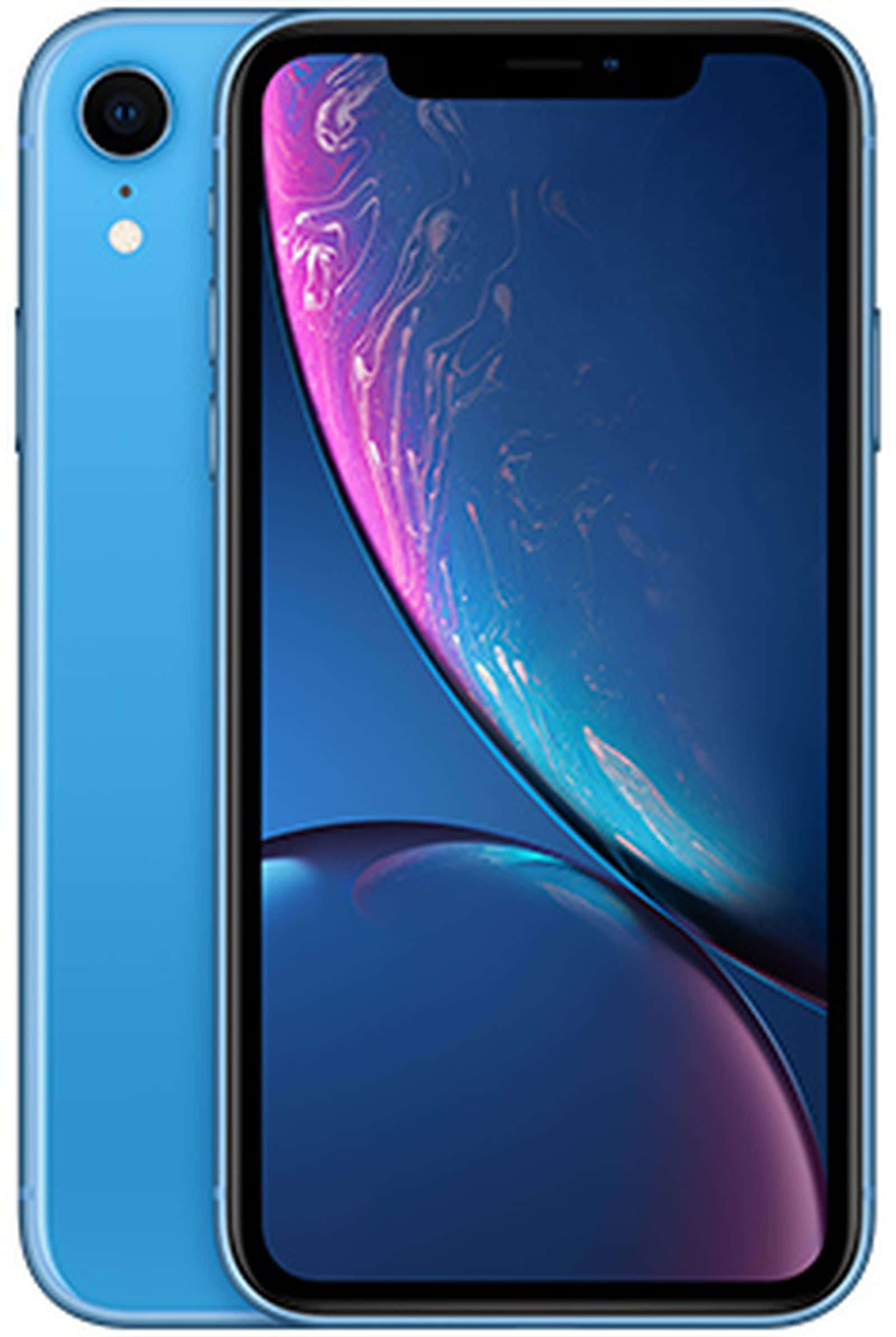 iPhone 桌布 壁紙 — 一部藍色 iPhone XR 前後展示，其充滿活力的漸變桌布呈現旋轉的宇宙色彩。