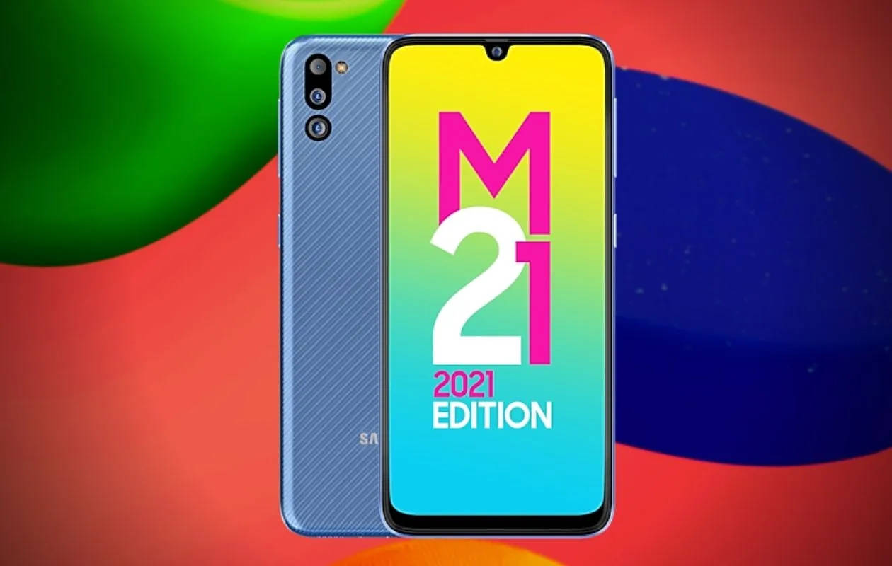 藍色Samsung手機在色彩繽紛的抽象背景上顯示M21 2021 Edition。 — 安卓手機 GIF 壁紙