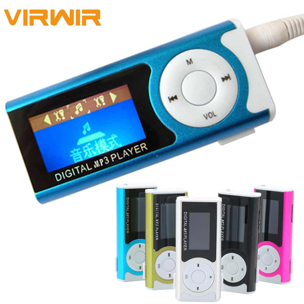 Music Player 桌布 壁紙 — 一部藍色Virwir數位MP3播放器，帶螢幕和控制器，顯示在白色背景上的其他五種顏色變體之上。