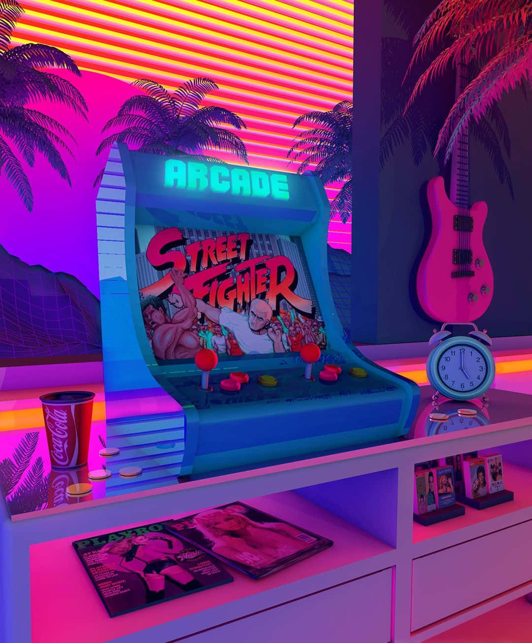 arcade 桌布 壁紙 — 一部街頭霸王的復古街機在充滿活力的粉紅色和紫色日落背景下，伴隨著棕櫚樹發出霓虹藍光。