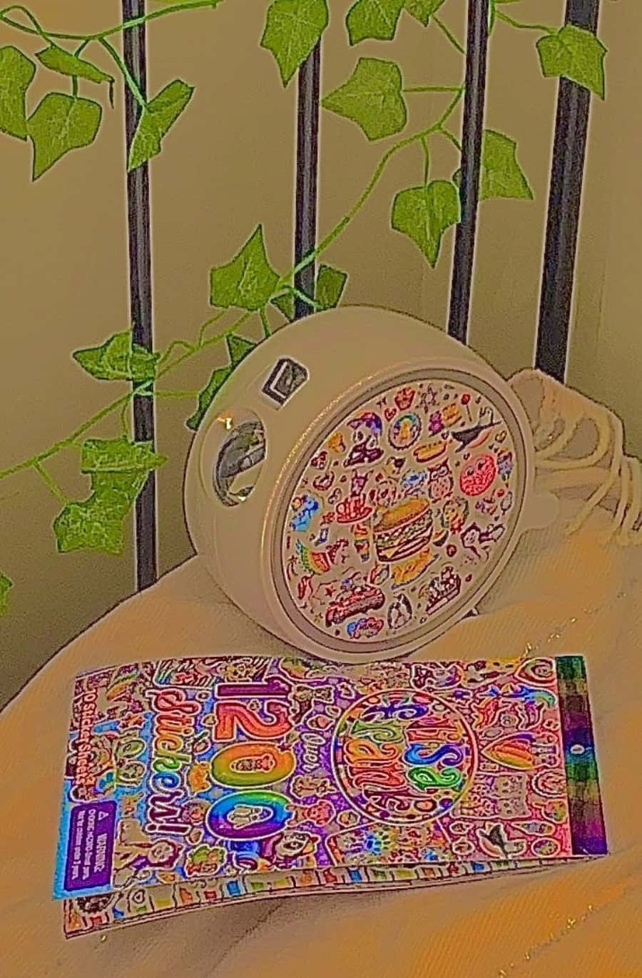 獨立 桌布 壁紙 — 一部貼滿彩色貼紙的相機和貼紙包放在木質表面上，旁邊有垂下的綠色常春藤，背景是米色牆壁。