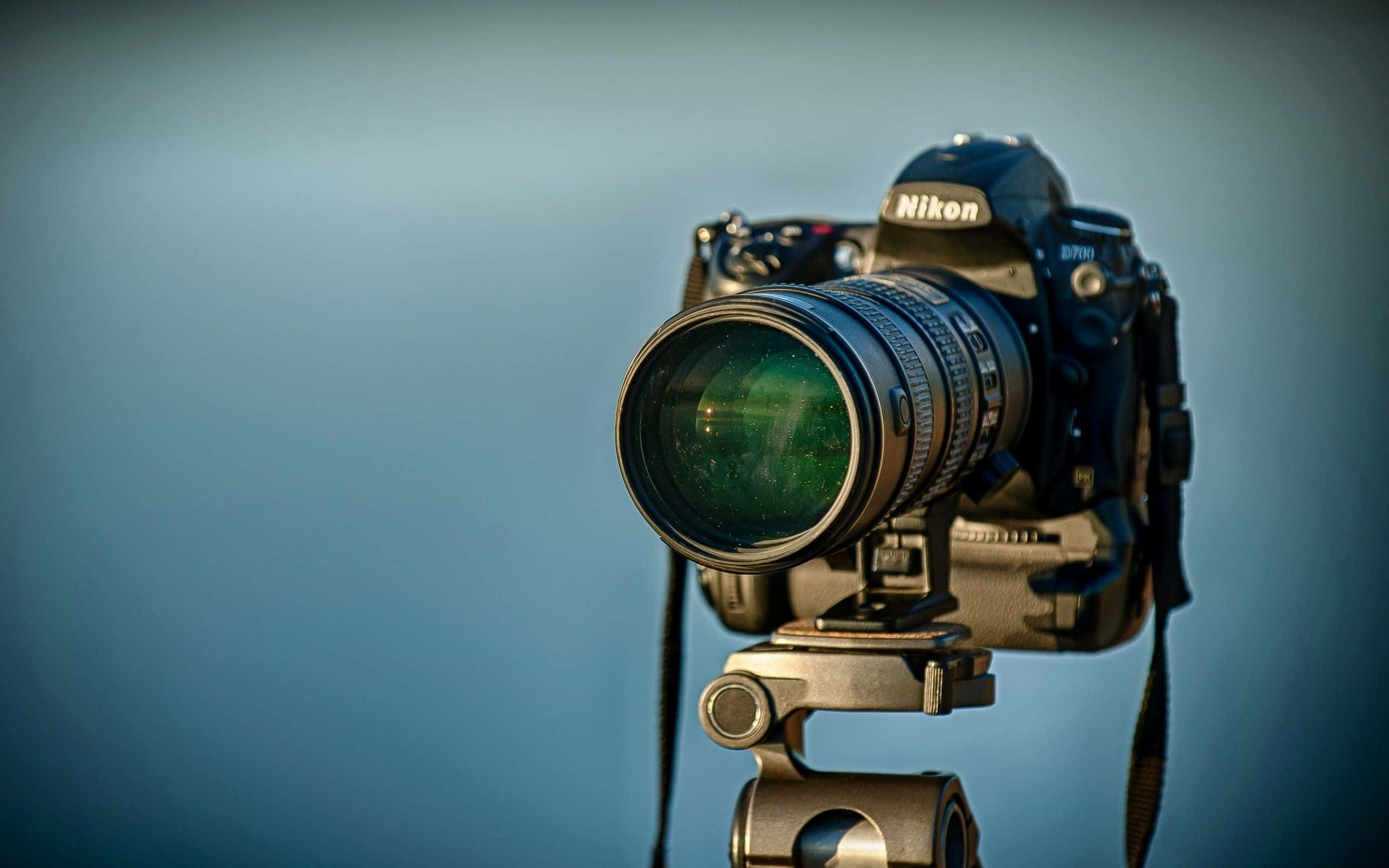 攝影 桌布 壁紙 — 一部配備大鏡頭的Nikon DSLR相機安裝在三腳架上，背景為柔和的藍色漸變。