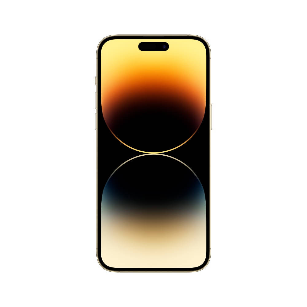 Apple iPhone 預設 桌布 壁紙 — 一部金色iPhone在黑色背景上顯示帶有溫暖橙色和冷藍色圓形形狀的漸變壁紙。