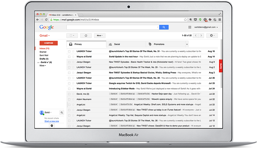 Gmail 動圖 桌布 壁紙 — 一部銀色 MacBook Air 筆記型電腦在潔白背景上顯示 Google Gmail 收件匣，內有來自 LAUNCH Ticker 及其他寄件者的電子郵件。