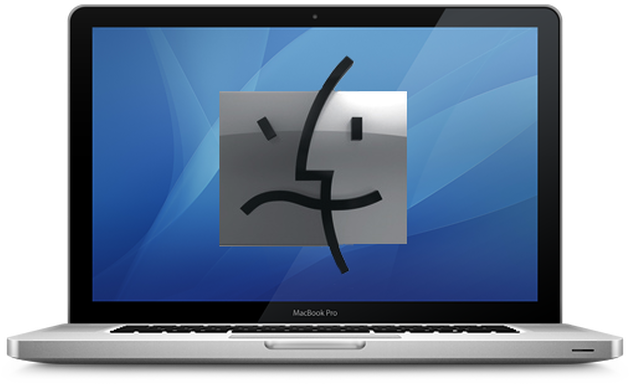 MacBook 動態圖片 桌布 壁紙 — 一部銀色 MacBook Pro 筆記型電腦在藍色抽象桌布上顯示一個悲傷臉孔圖示。