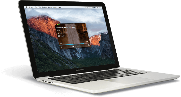 Mac 桌布 壁紙 — 一部銀色 MacBook Pro 在橙色和灰色調的山景桌布上顯示影片播放器。