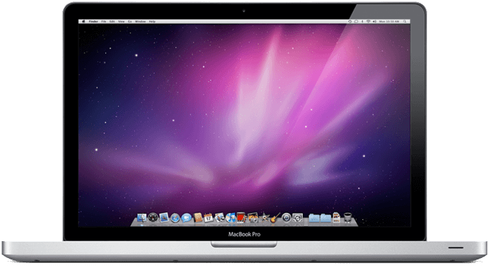 MacBook 動態圖片 桌布 壁紙 — 一部銀色 MacBook Pro 筆記型電腦顯示充滿活力的紫色和粉紅色極光桌布，配有星空和 macOS Dock。
