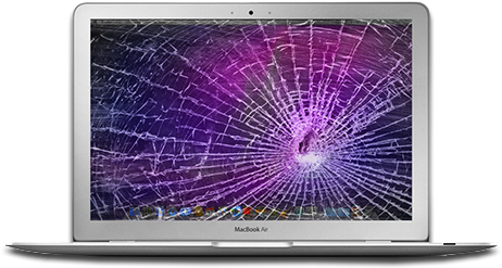 MacBook 動態圖片 桌布 壁紙 — 一部銀色MacBook Air的螢幕破裂，顯示充滿活力的紫色和粉紅色抽象桌布。