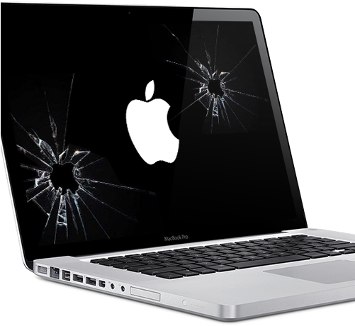 筆電 桌布 壁紙 — 一部銀色MacBook Pro，螢幕破裂，在黑色背景上顯示Apple標誌。