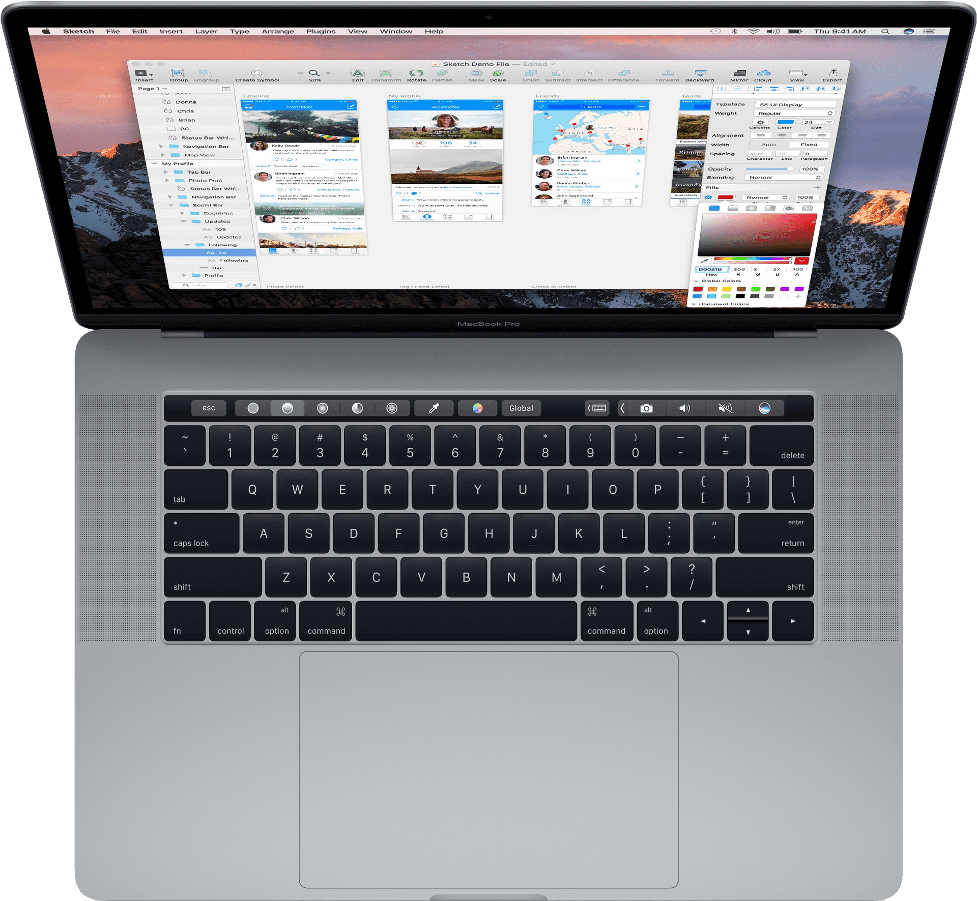 MacBook Pro 桌布 壁紙 — 一部銀色MacBook Pro在深色背景上打開，顯示一個帶有山景日落壁紙的設計應用程式。