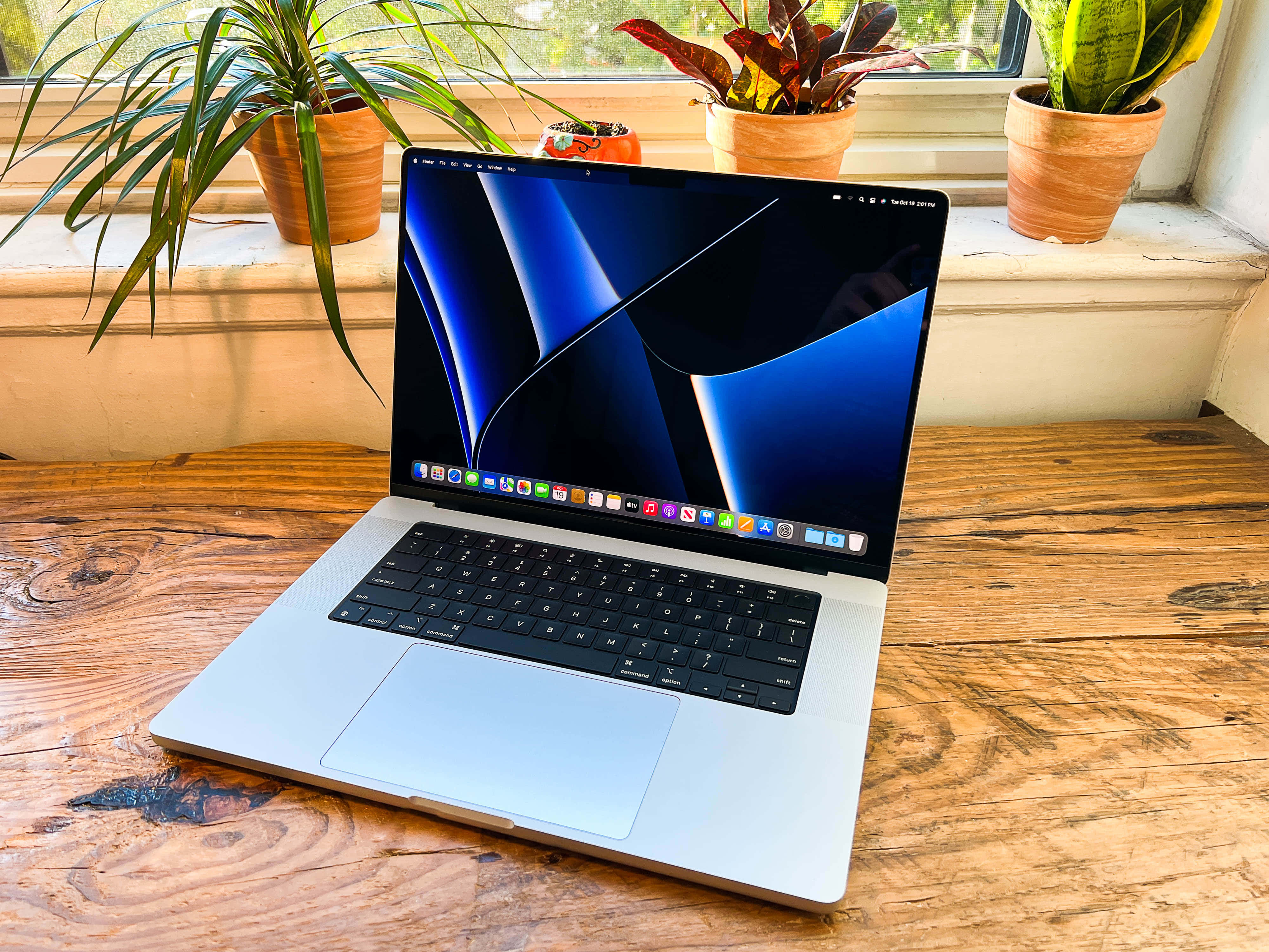 MacBook 動態圖片 桌布 壁紙 — 一部銀色筆記型電腦，帶有藍色抽象桌布，打開放在質樸的木桌上，旁邊是陽光充足的窗台，放有盆栽植物。