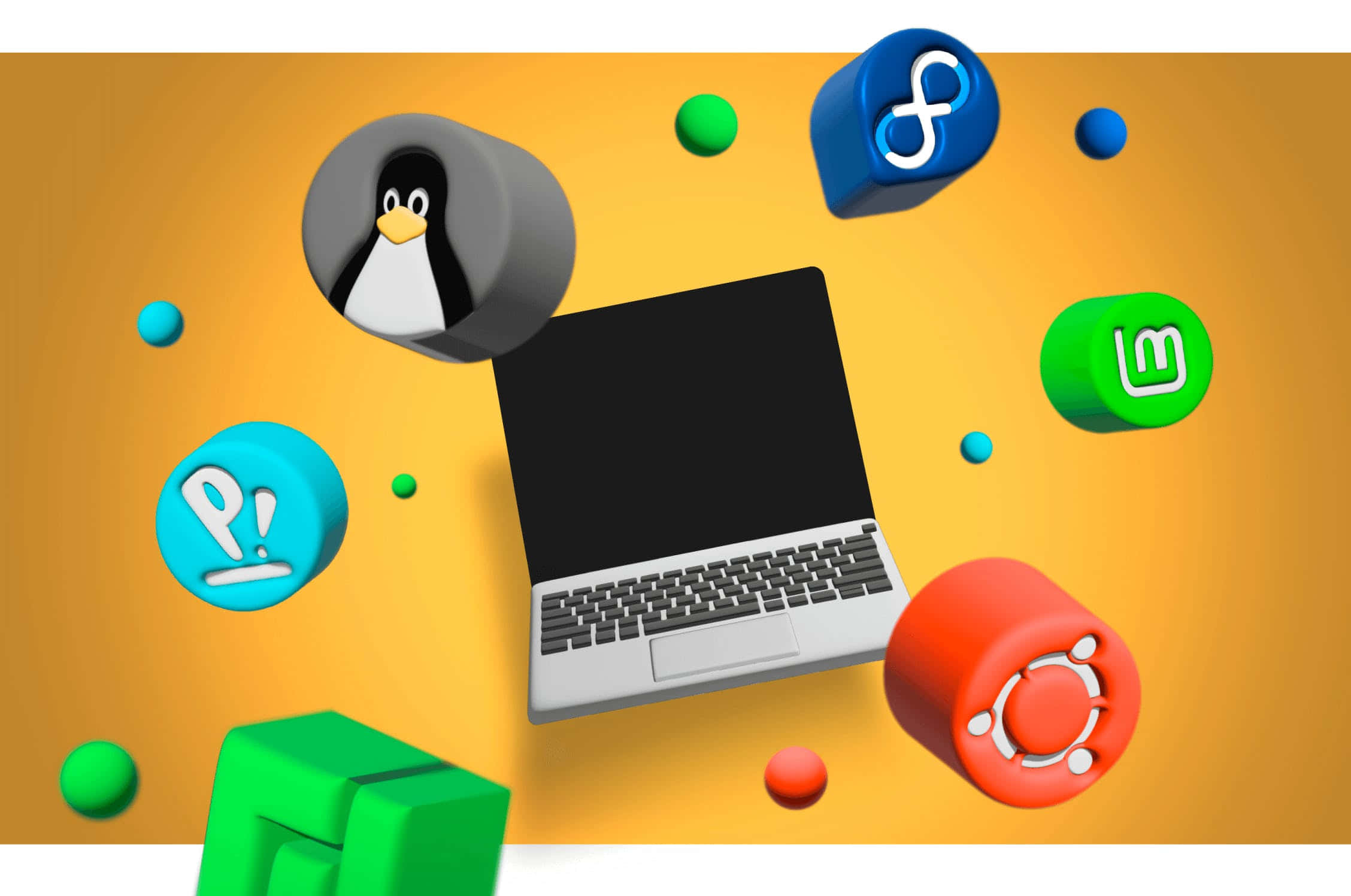 Linux 桌布 壁紙 — 一部銀色筆記型電腦被浮動的3D渲染開源軟體標誌環繞，背景為溫暖的橙色。