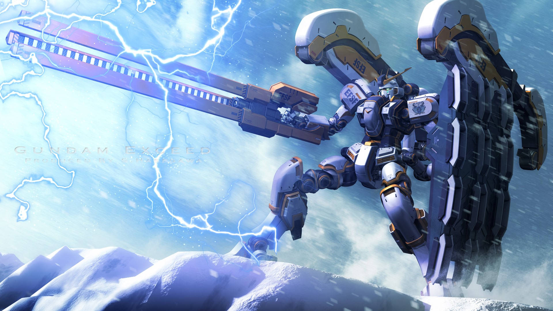 鋼彈機甲在雪山揮舞光束軍刀，雷電交加。 — 機動戰士鋼彈 壁紙