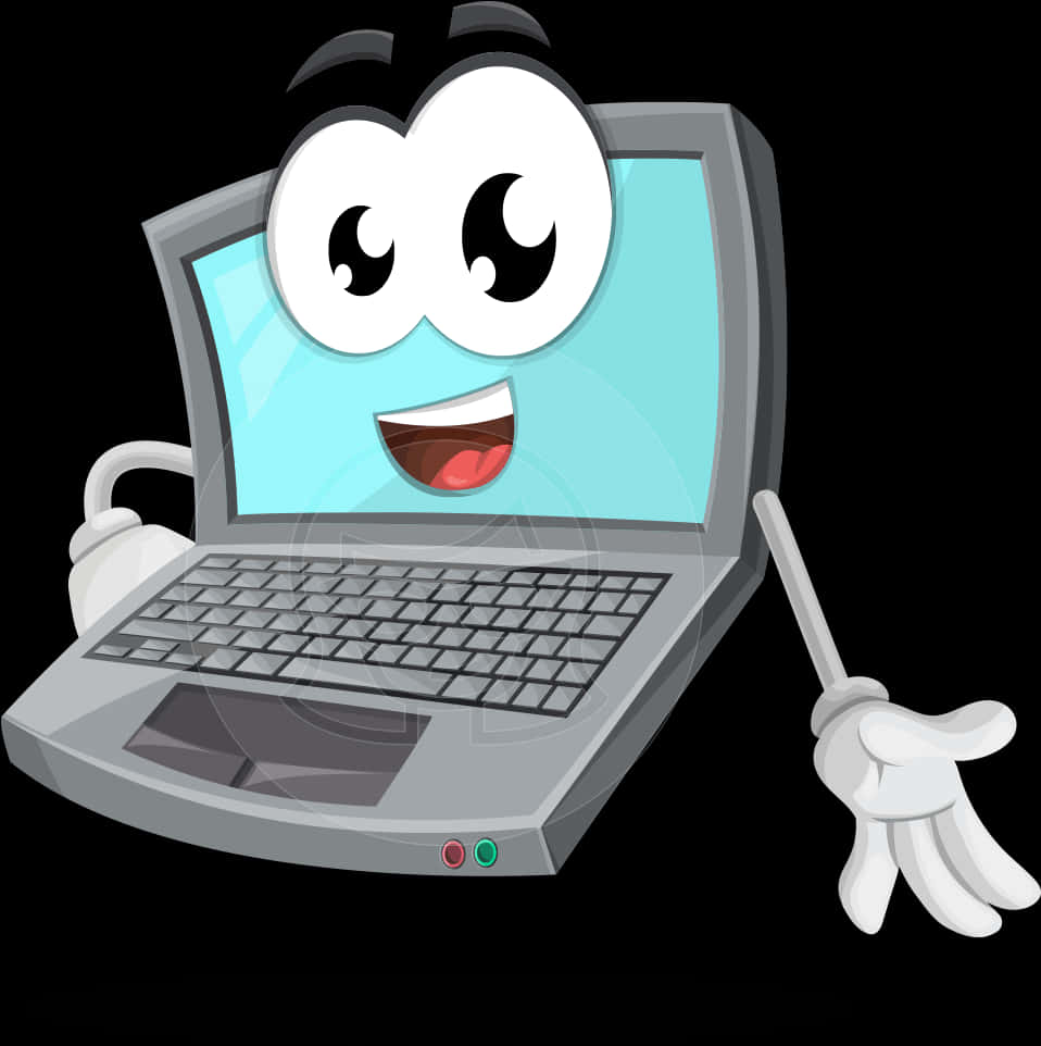 Laptops 桌布 壁紙 — 一部開心的卡通筆記型電腦，有大眼睛和微笑的嘴，在黑色背景上開心地揮手。