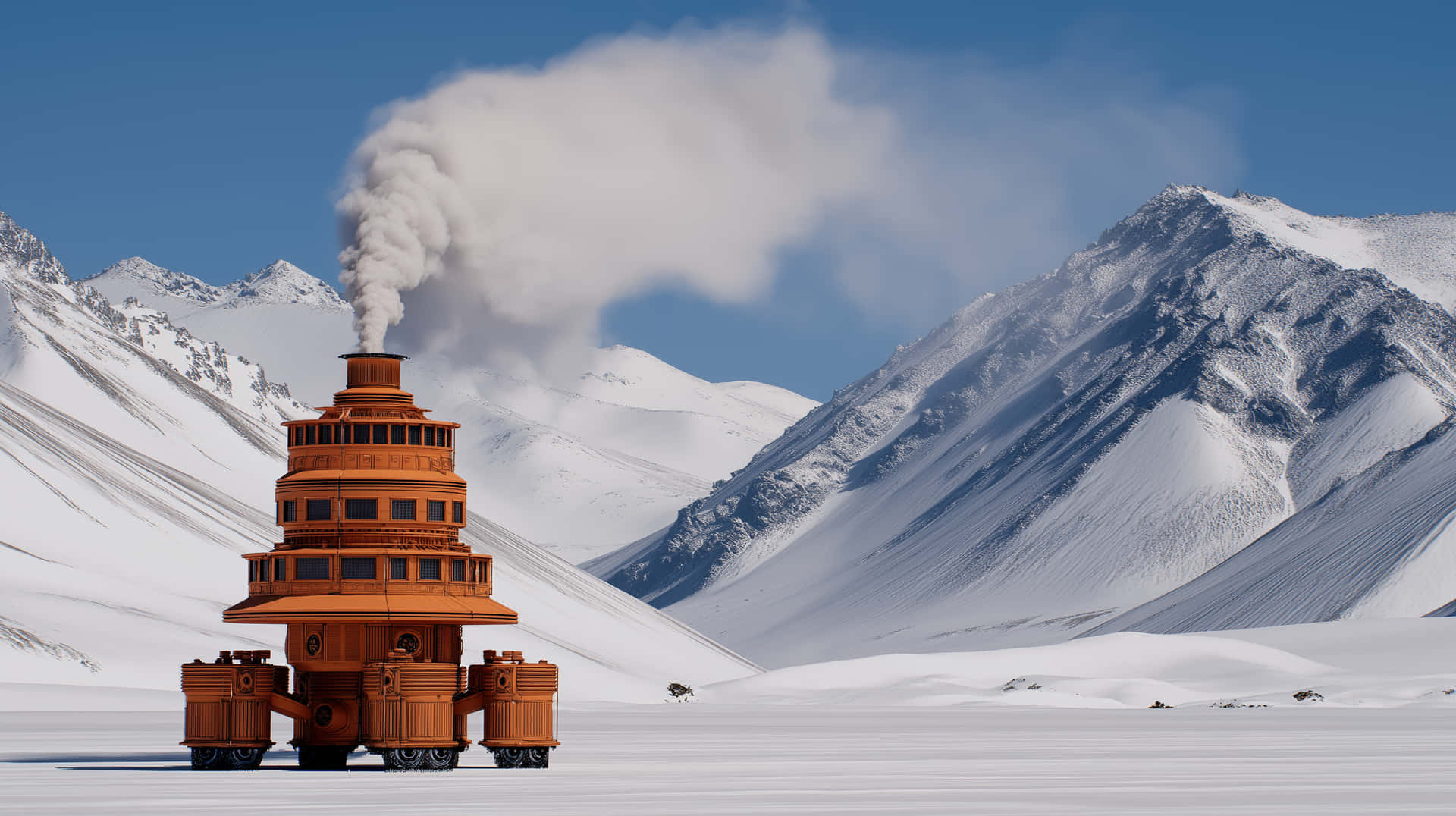 Martian Tripod War-Machine in Snowy Mountain Landscape 壁紙 — 一部陶土色多層工業車輛在晴朗藍天下，以積雪山脈為背景排放煙霧。
