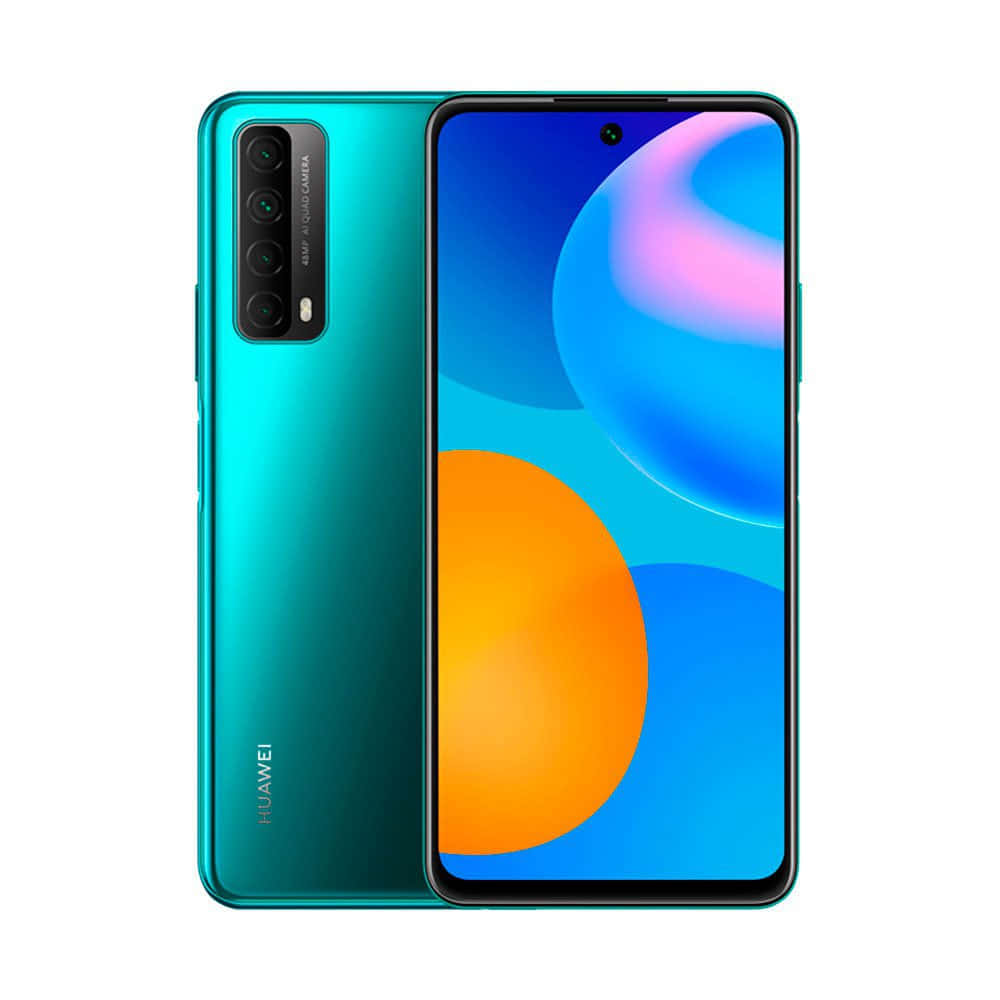 青綠色Huawei智慧型手機，螢幕上帶有抽象彩色桌布。