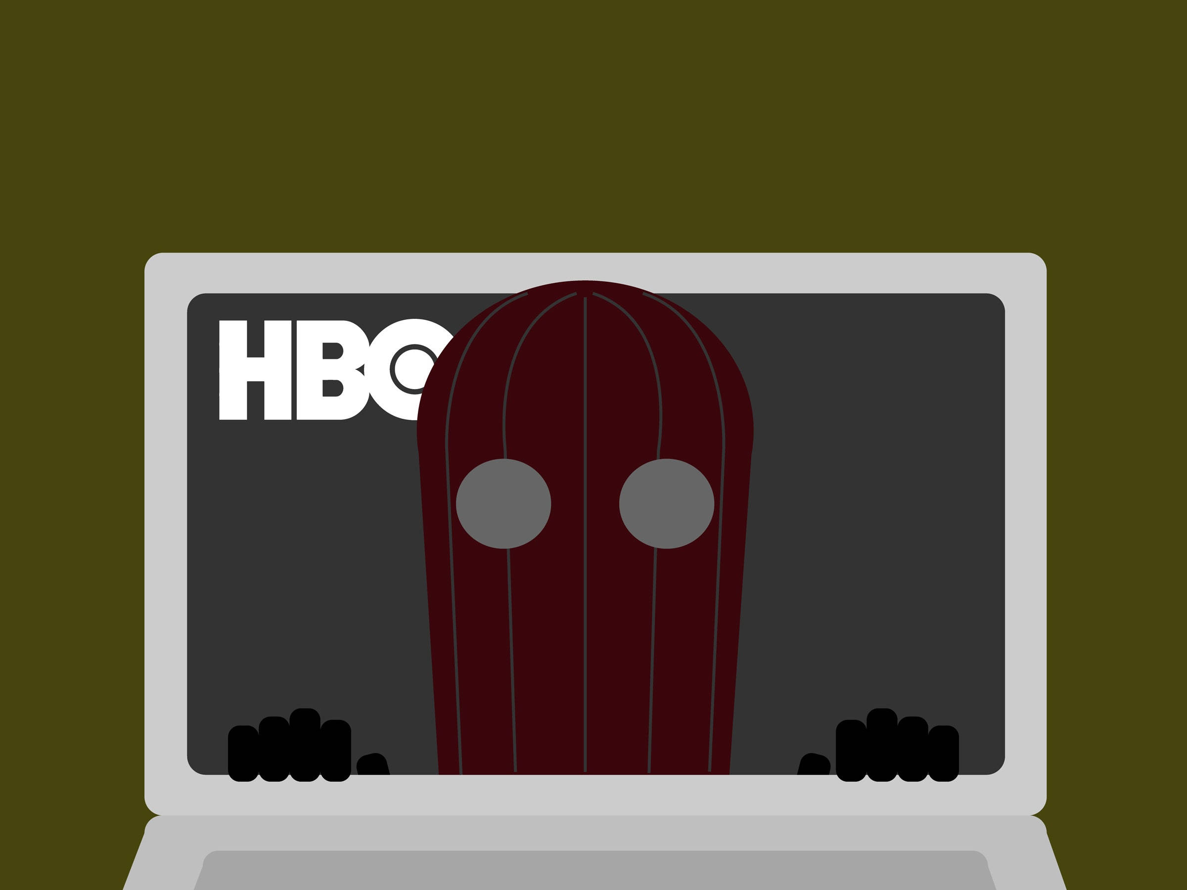 HBO 桌布 壁紙 — 一部顯示HBO標誌的筆記型電腦的極簡數位插圖，一個紅色籠中人物從螢幕中出現。