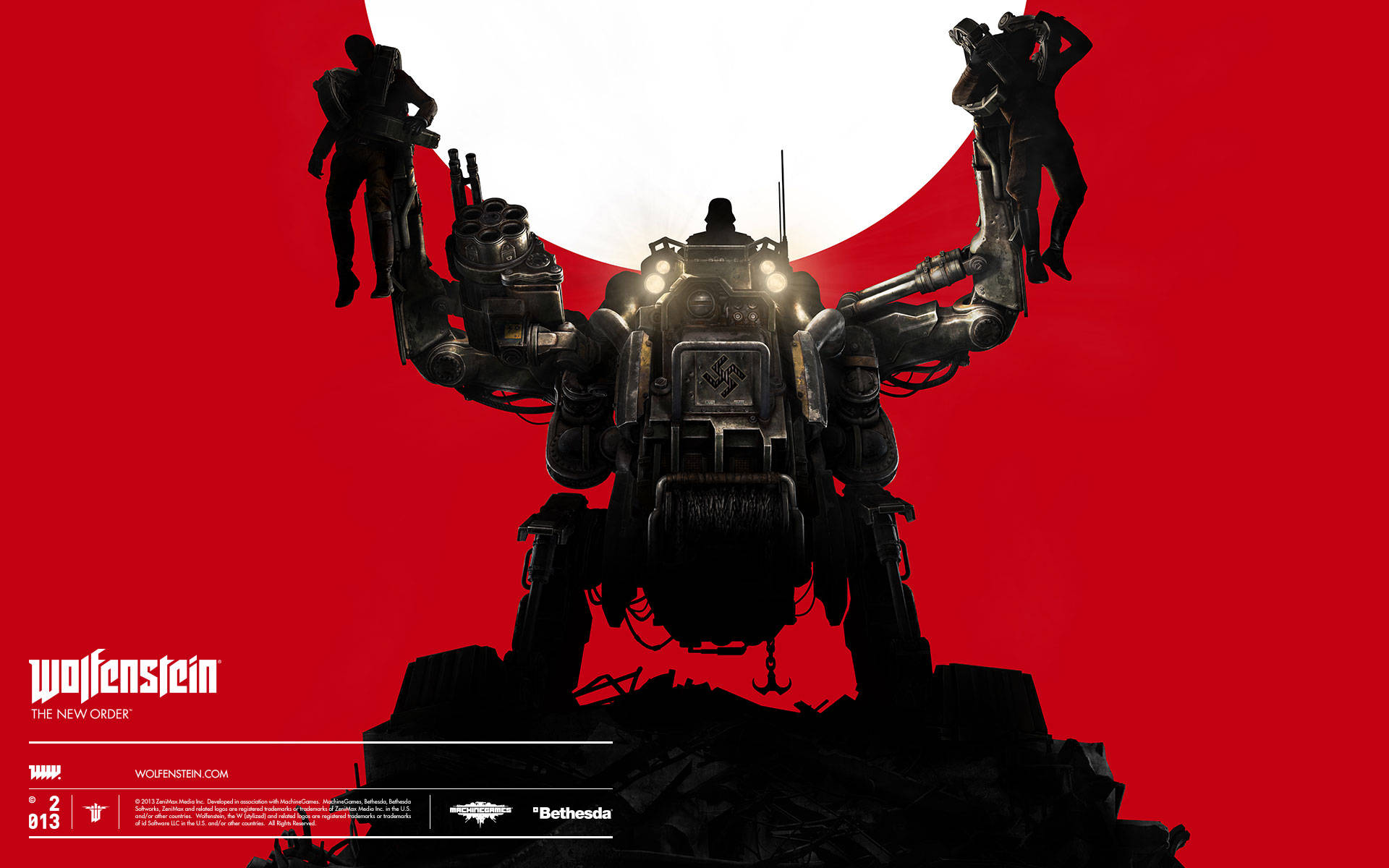 Wolfenstein 桌布 壁紙 — 一部高聳的黑色機械戰爭機器，配備武裝肢體和剪影士兵，矗立在鮮明的紅白圓形背景前。