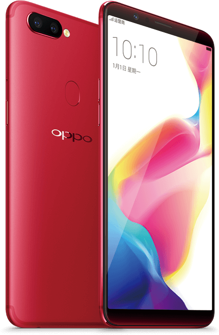 Oppo Mobile 桌布 壁紙 — 一部鮮紅色的OPPO智慧型手機，在黑色背景前展示正面和背面，螢幕上顯示色彩繽紛的抽象桌布。