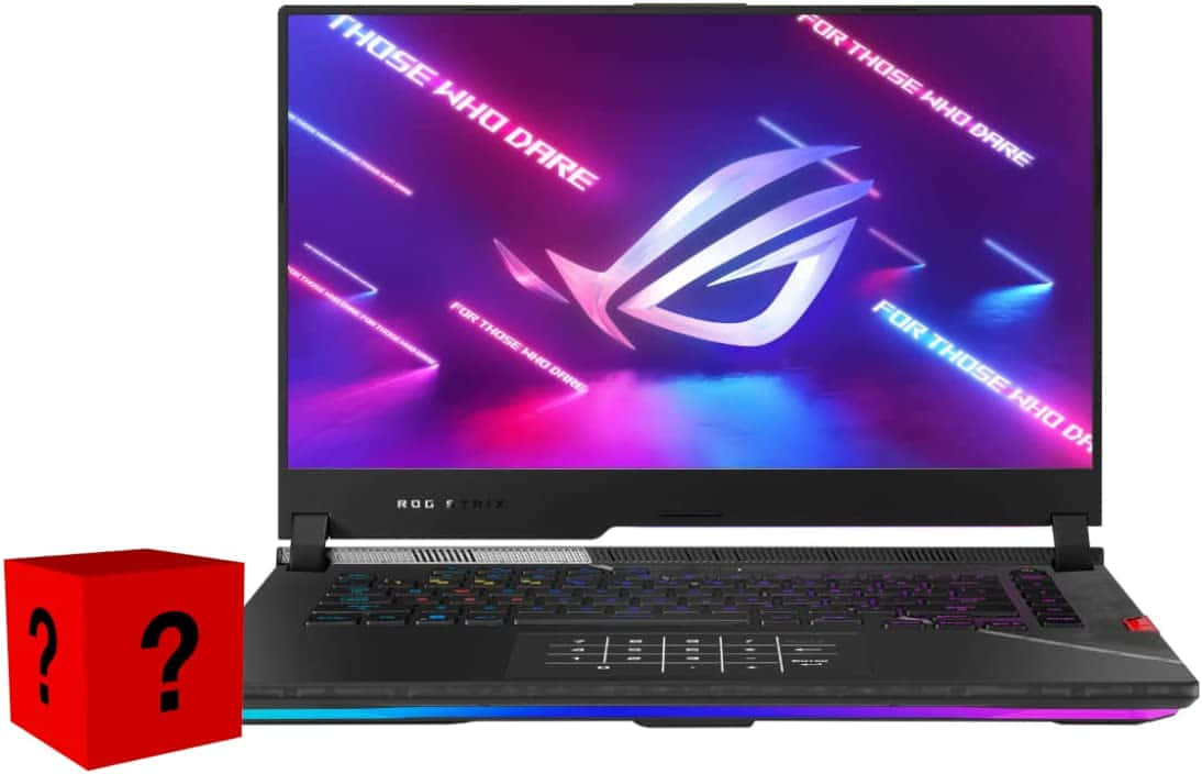 華碩 ROG 桌布 壁紙 — 一部黑色 ROG Strix 電競筆記型電腦，帶有充滿活力的紫色和藍色霓虹螢幕，顯示 ROG 標誌和標語。