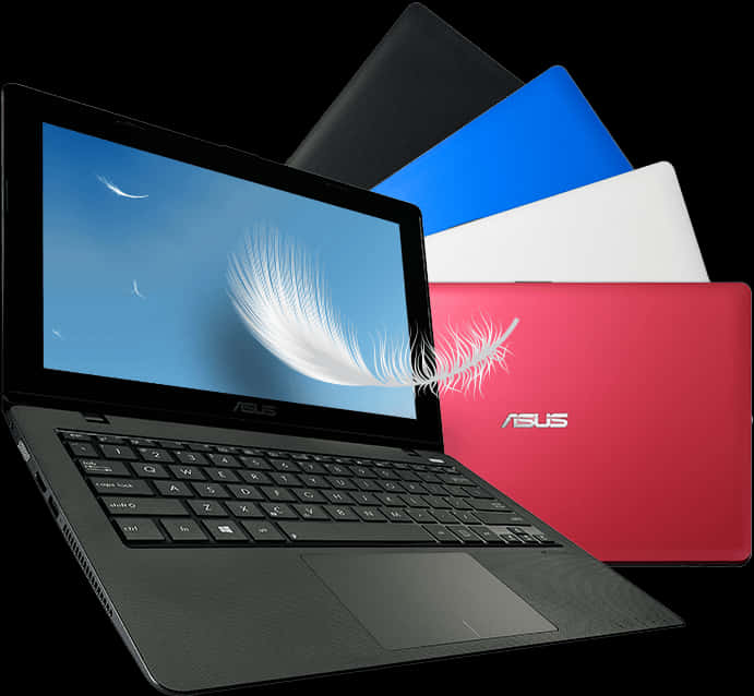 Laptops 桌布 壁紙 — 一部黑色ASUS筆記型電腦在藍天下顯示白色羽毛，後面堆疊著色彩繽紛的關閉筆記型電腦。