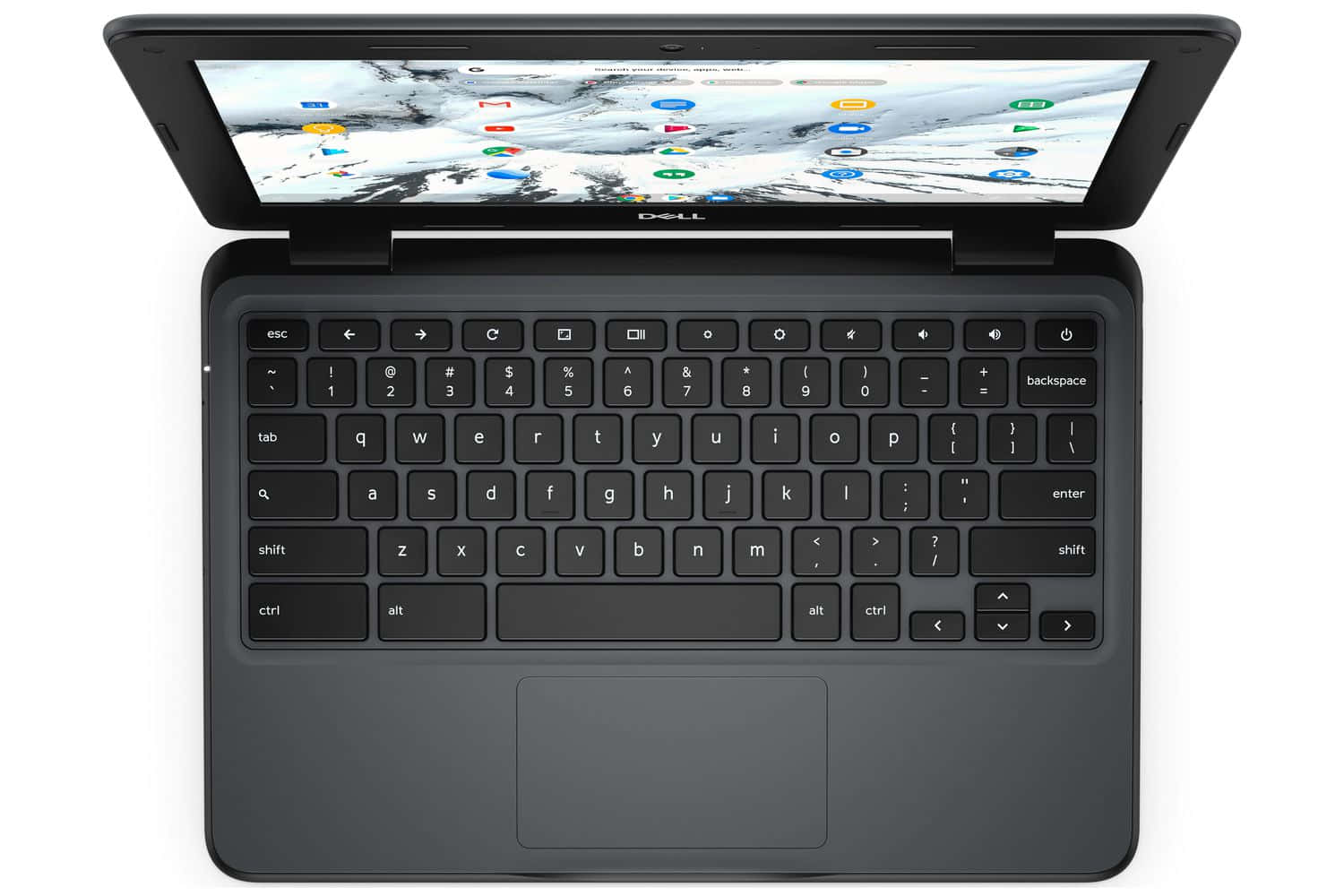 Dell 桌布 壁紙 — 一部黑色Dell Chromebook打開在白色背景上，螢幕上顯示雪山桌布。