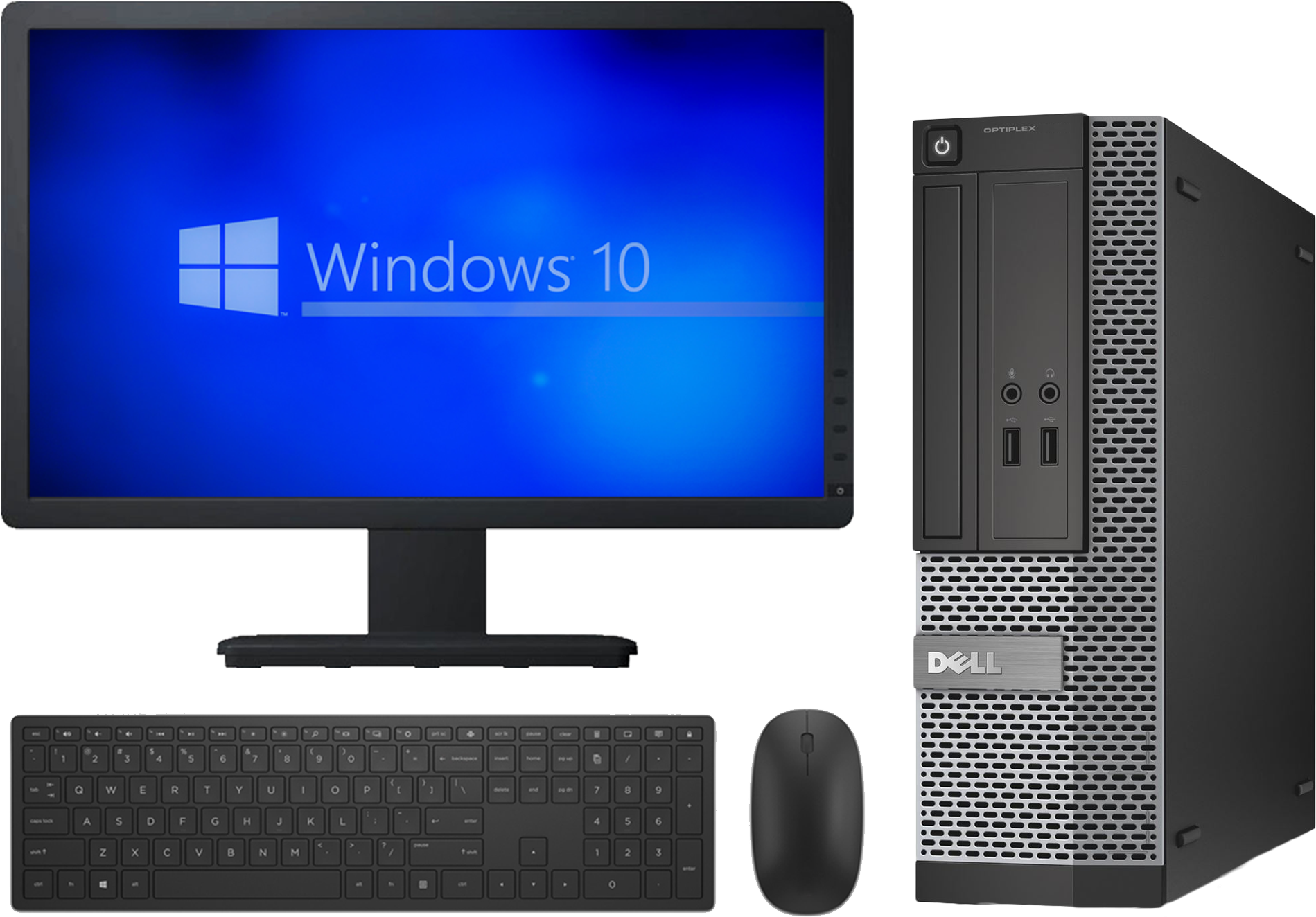 科技動圖 桌布 壁紙 — 一部黑色Dell桌上型電腦，配備顯示器、鍵盤和滑鼠，在深色背景上顯示Windows 10啟動畫面。