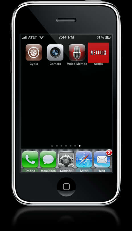 iPhone 桌布 壁紙 — 一部黑色iPhone 3GS配銀色邊框，在深色背景上顯示包含Cydia、相機、語音備忘錄、Netflix和標準iOS應用程式的主畫面。
