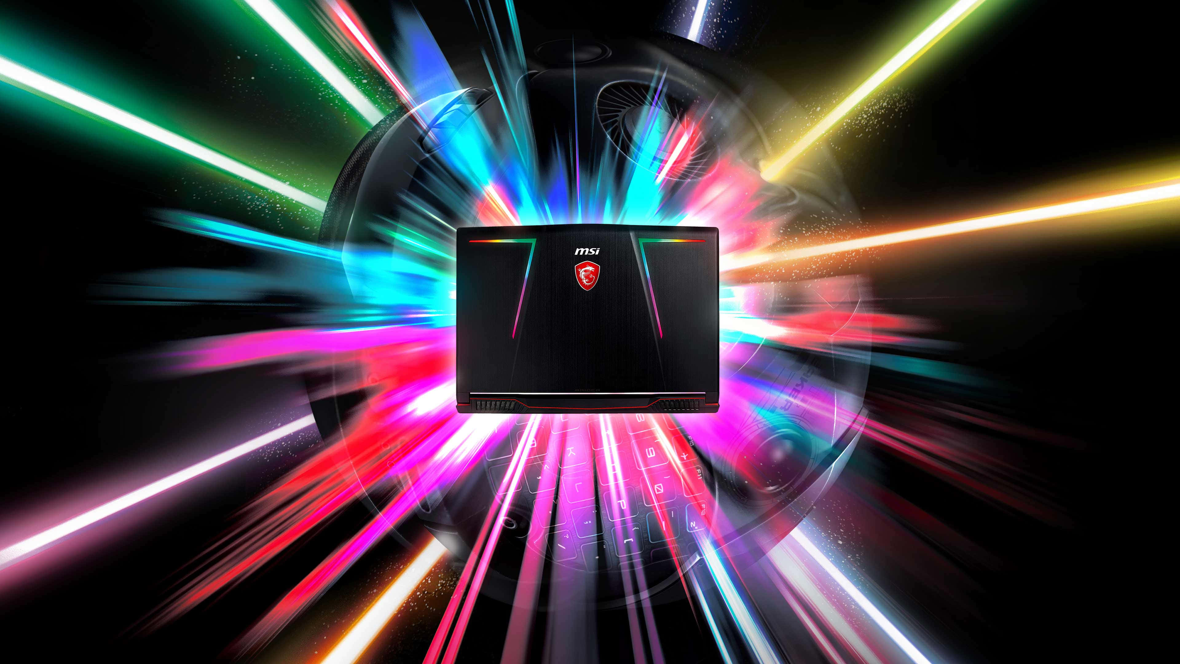 RGB 桌布 壁紙 — 一部黑色MSI電競筆記型電腦，位於黑暗虛空中霓虹條紋和發光粒子的宇宙爆發中心。