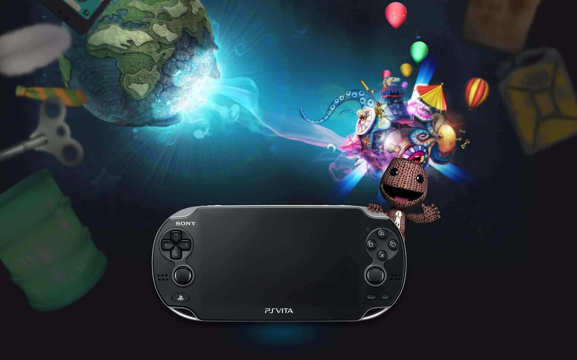 Ps Vita 桌布 壁紙 — 一部黑色PS Vita主機置中於漂浮的遊戲主題物品和發光的地球之間，背景為黑暗的宇宙。