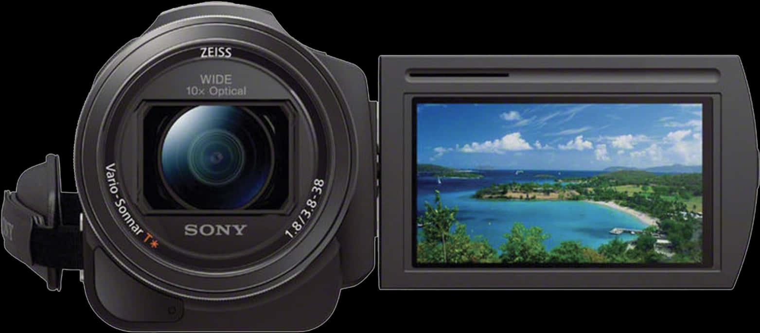 4K ultra HD 2160p 桌布 壁紙 — 一部黑色Sony攝錄影機配備蔡司鏡頭，在其翻出式螢幕上顯示充滿活力的熱帶海灘場景。