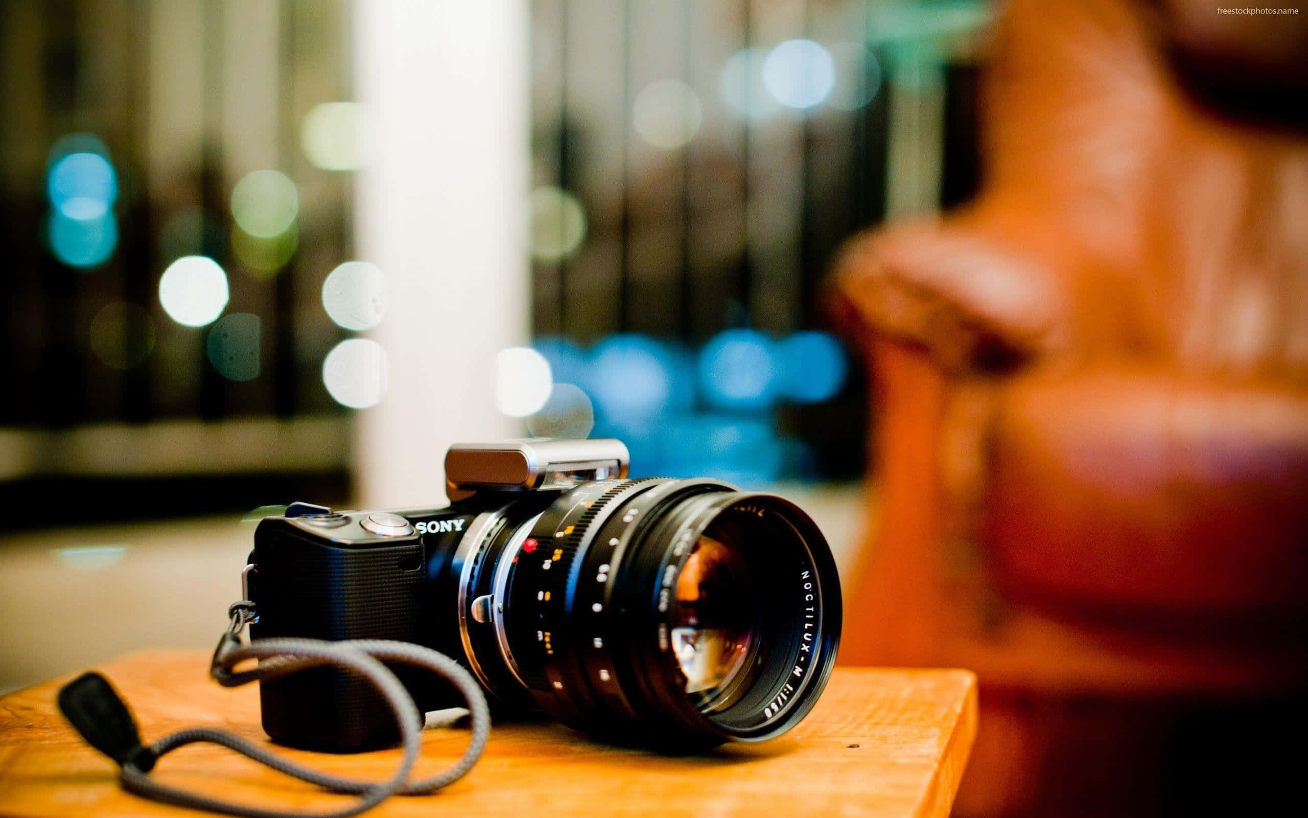 Dslr 桌布 壁紙 — 一部黑色Sony相機配備大型鏡頭，放置在木質表面上，旁邊有一張皮革椅子，背景有散景燈光。