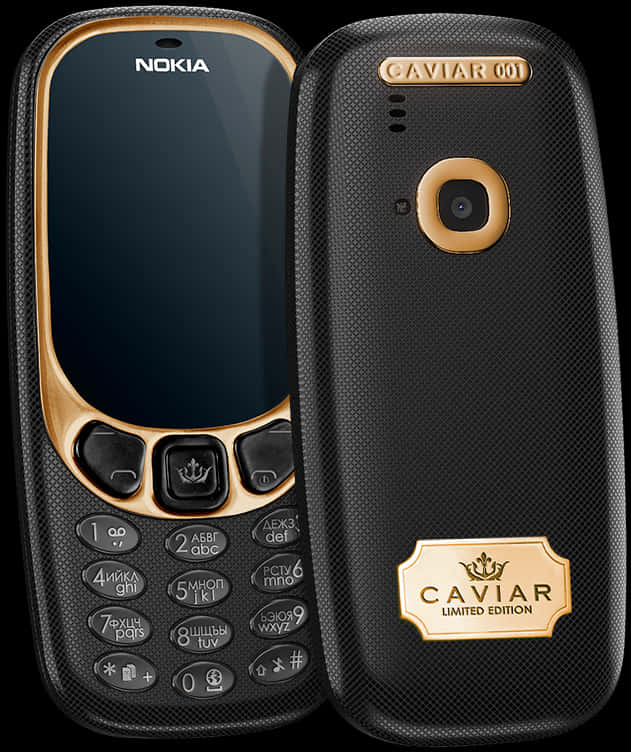 Mobile Phone 桌布 壁紙 — 一部黑色和金色的 Nokia 手機，帶有 Caviar Limited Edition 品牌標誌，在深色背景上打開顯示。