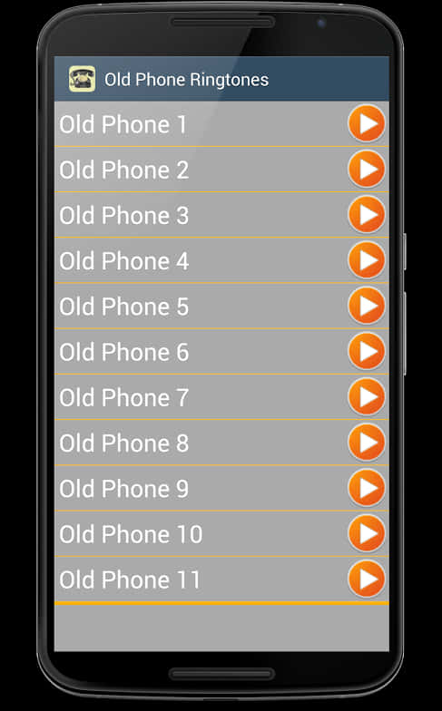 Smart Phone 桌布 壁紙 — 一部黑色智慧型手機在灰色背景上顯示一個包含十一個帶有橙色播放按鈕的標籤鈴聲列表。