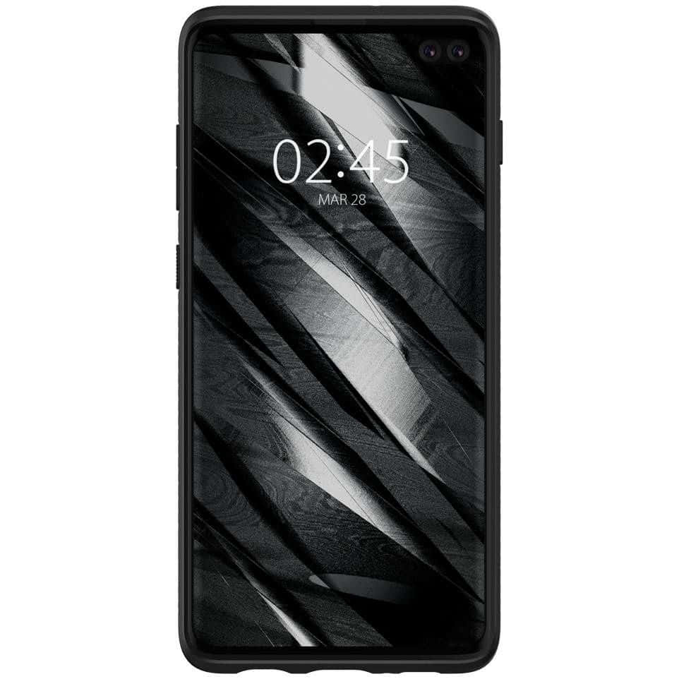 Galaxy S10 桌布 壁紙 — 一部黑色智慧型手機顯示單色抽象桌布，帶有對角線條紋和時間 02:45。