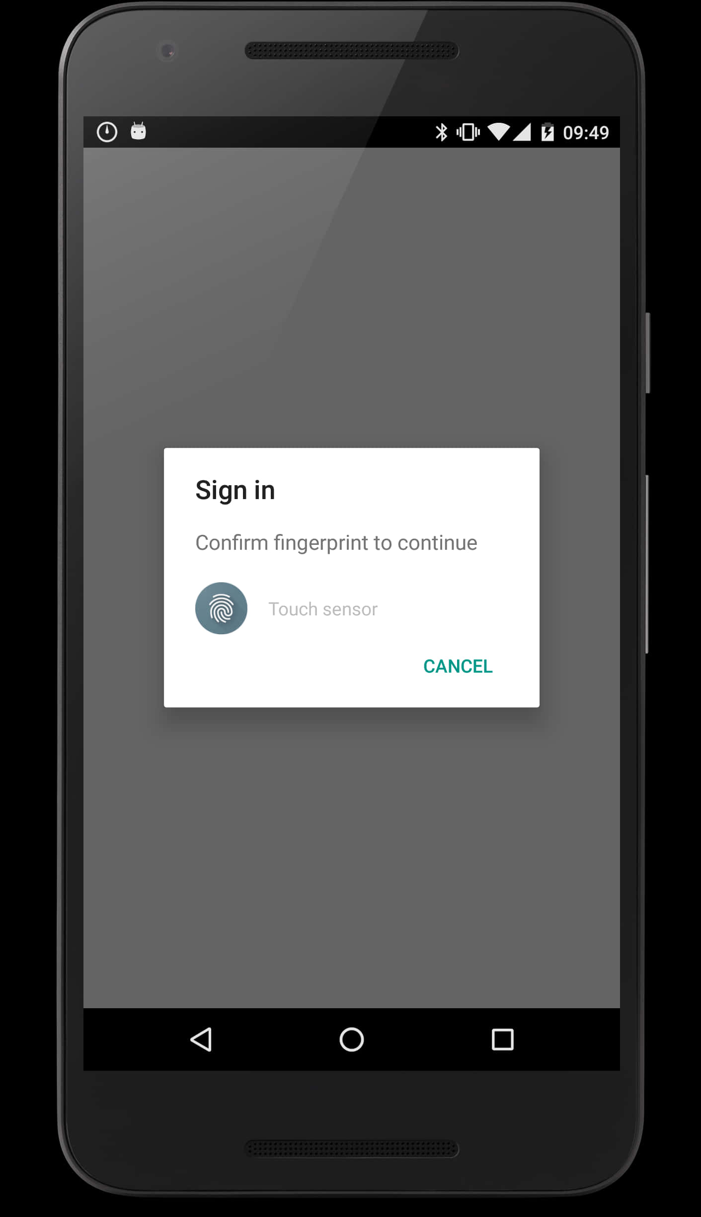 Smart Phone 桌布 壁紙 — 一部黑色智慧型手機顯示指紋登入提示，帶有觸控感應器圖示和取消按鈕。